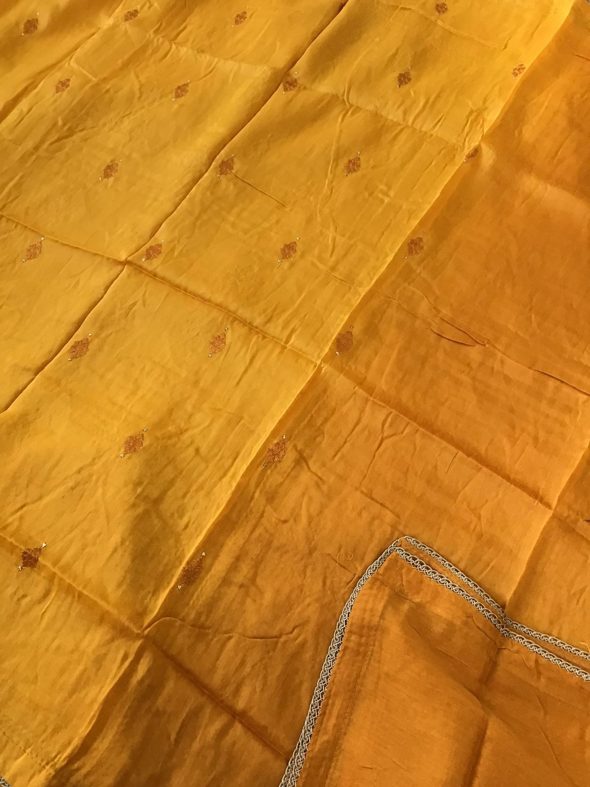 Pure Linen Chanderi Embroidered Suit - Orangish Yellow