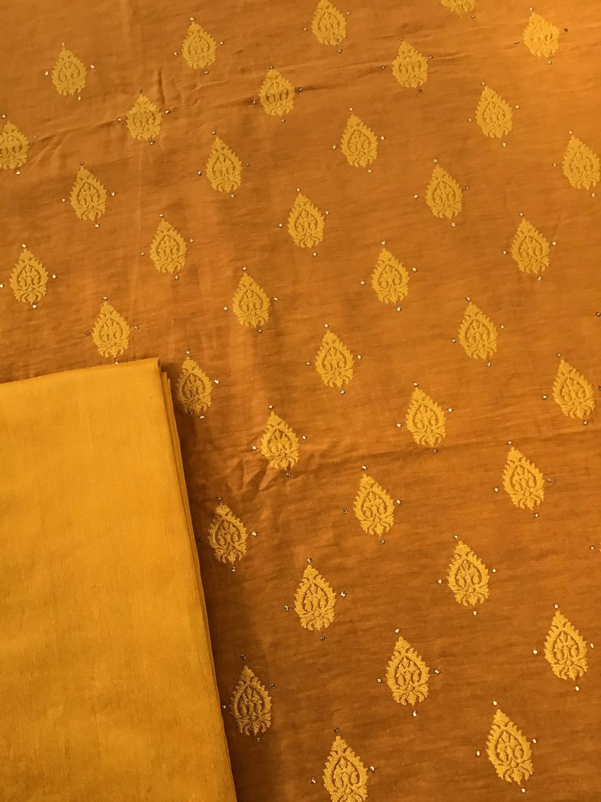 Pure Linen Chanderi Embroidered Suit - Orangish Yellow