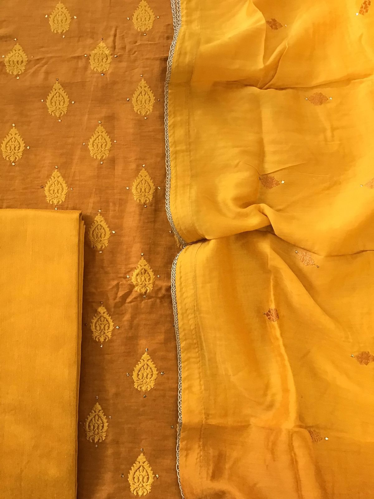 Pure Linen Chanderi Embroidered Suit - Orangish Yellow