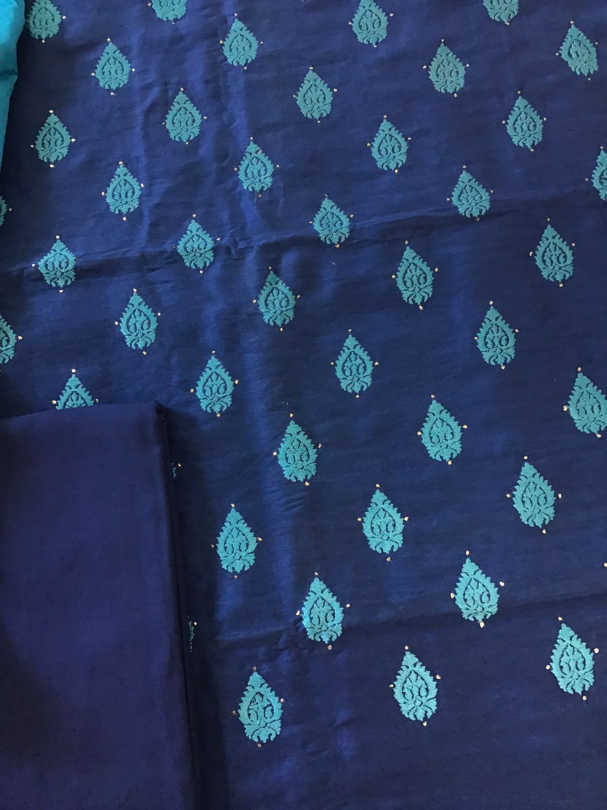 Pure Linen Chanderi Embroidered Suit - Blue