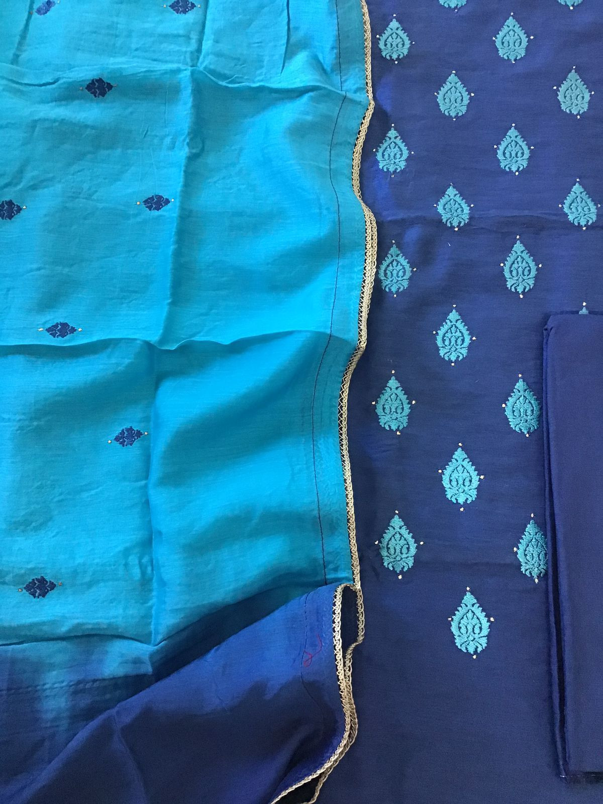Pure Linen Chanderi Embroidered Suit - Blue