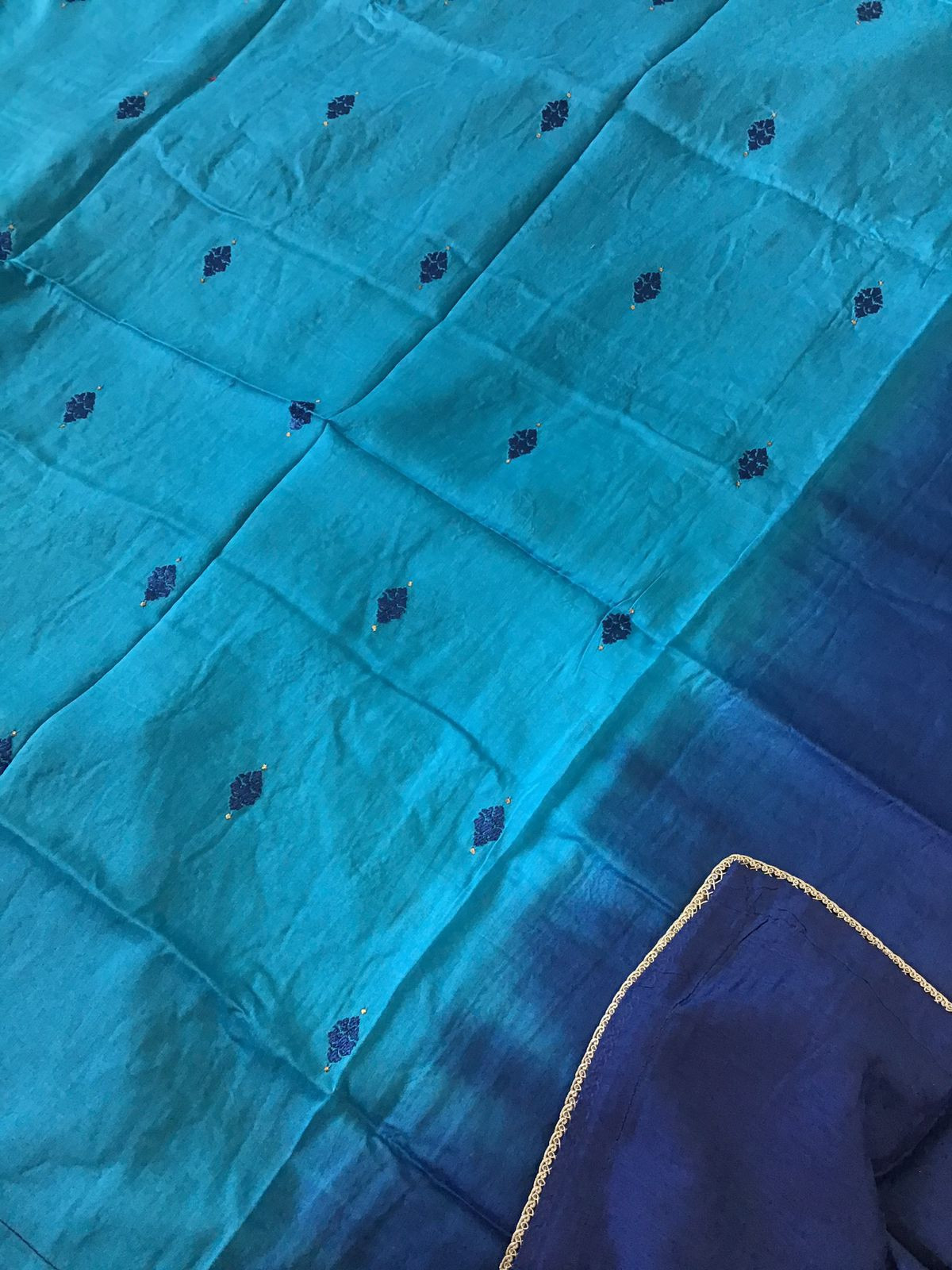 Pure Linen Chanderi Embroidered Suit - Blue