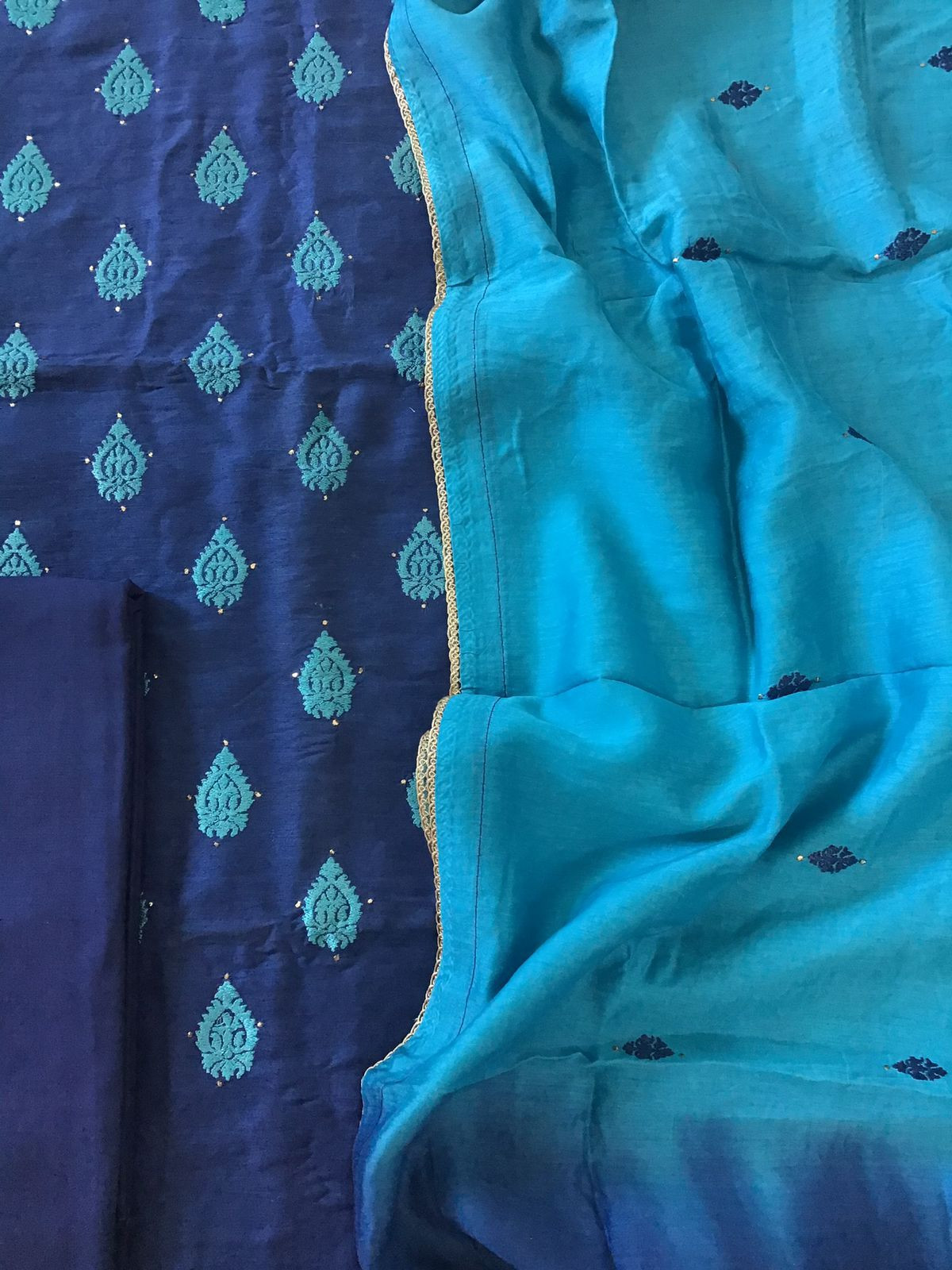 Pure Linen Chanderi Embroidered Suit - Blue