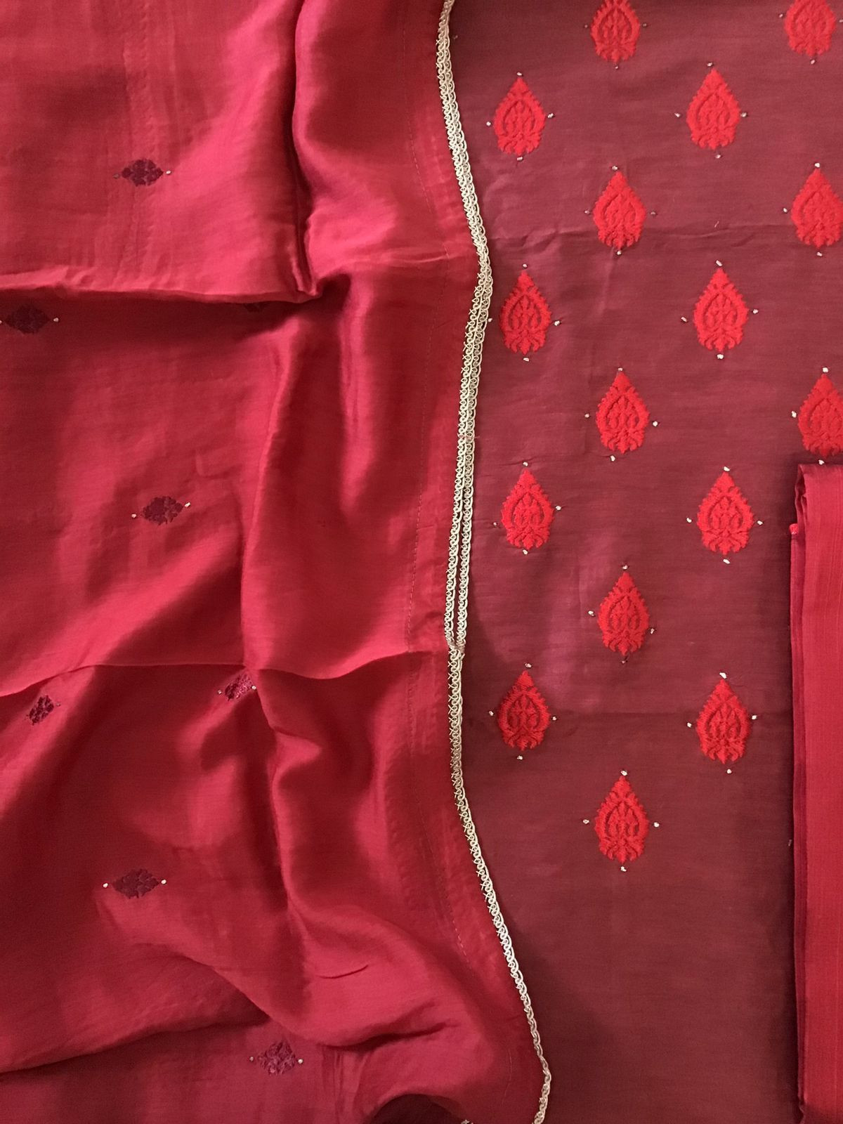 Pure Linen Chanderi Embroidered Suit - Maroon