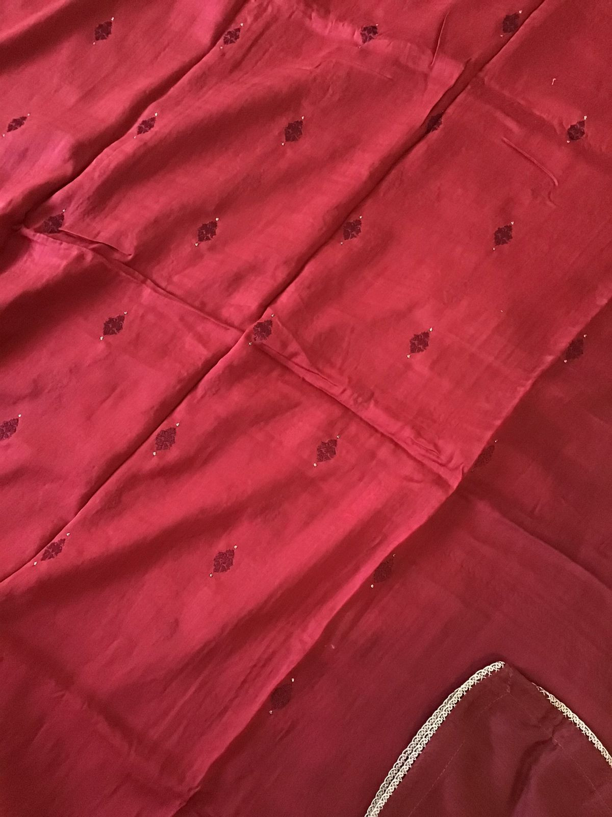 Pure Linen Chanderi Embroidered Suit - Maroon