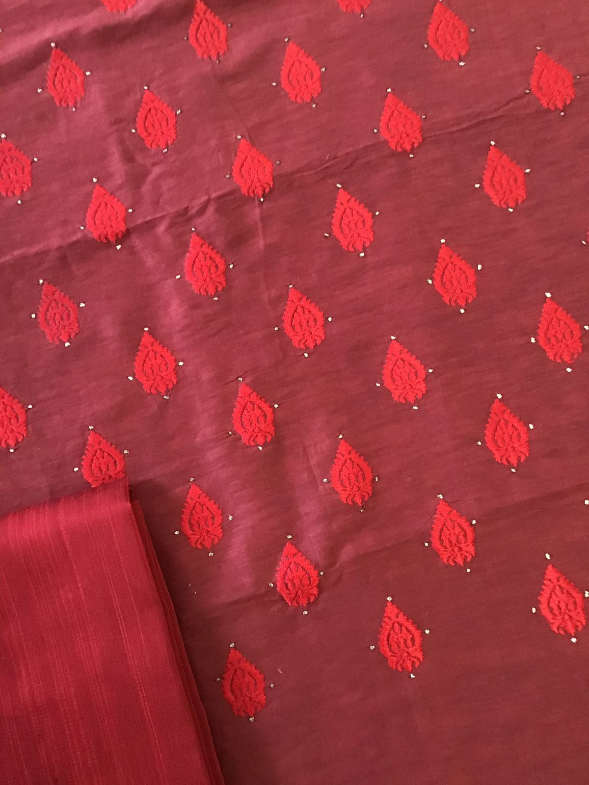 Pure Linen Chanderi Embroidered Suit - Maroon