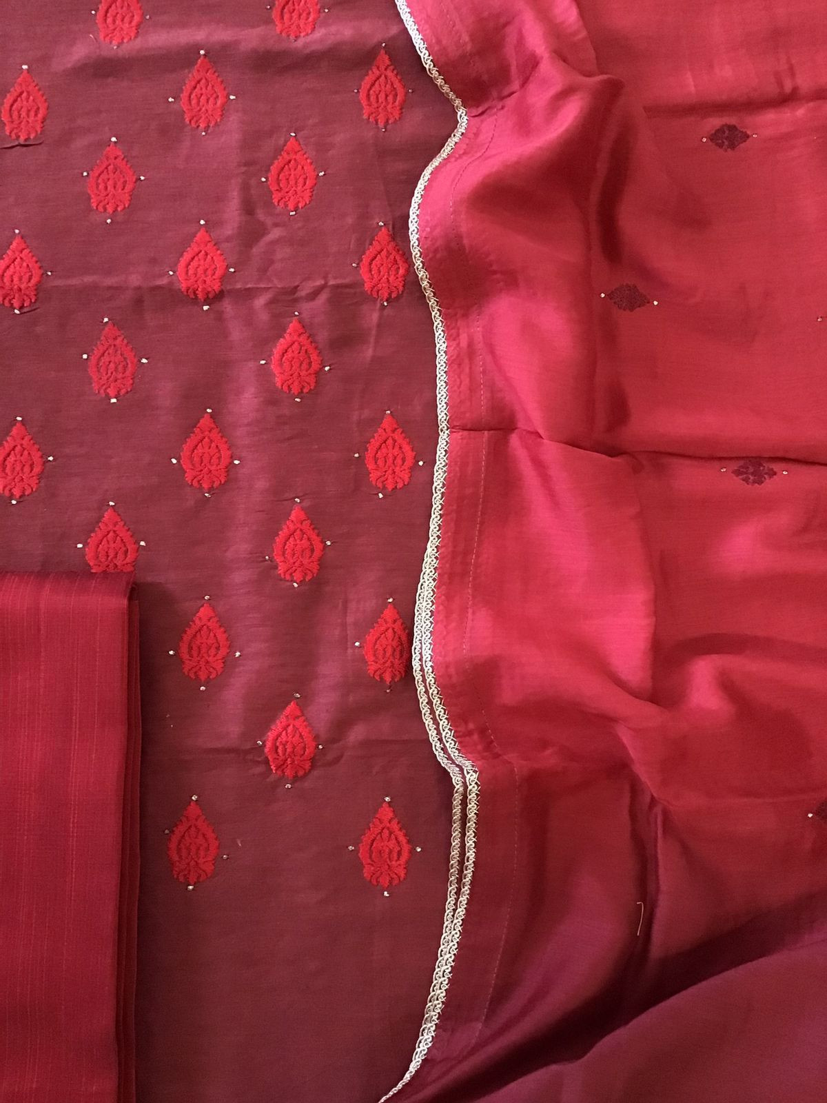 Pure Linen Chanderi Embroidered Suit - Maroon