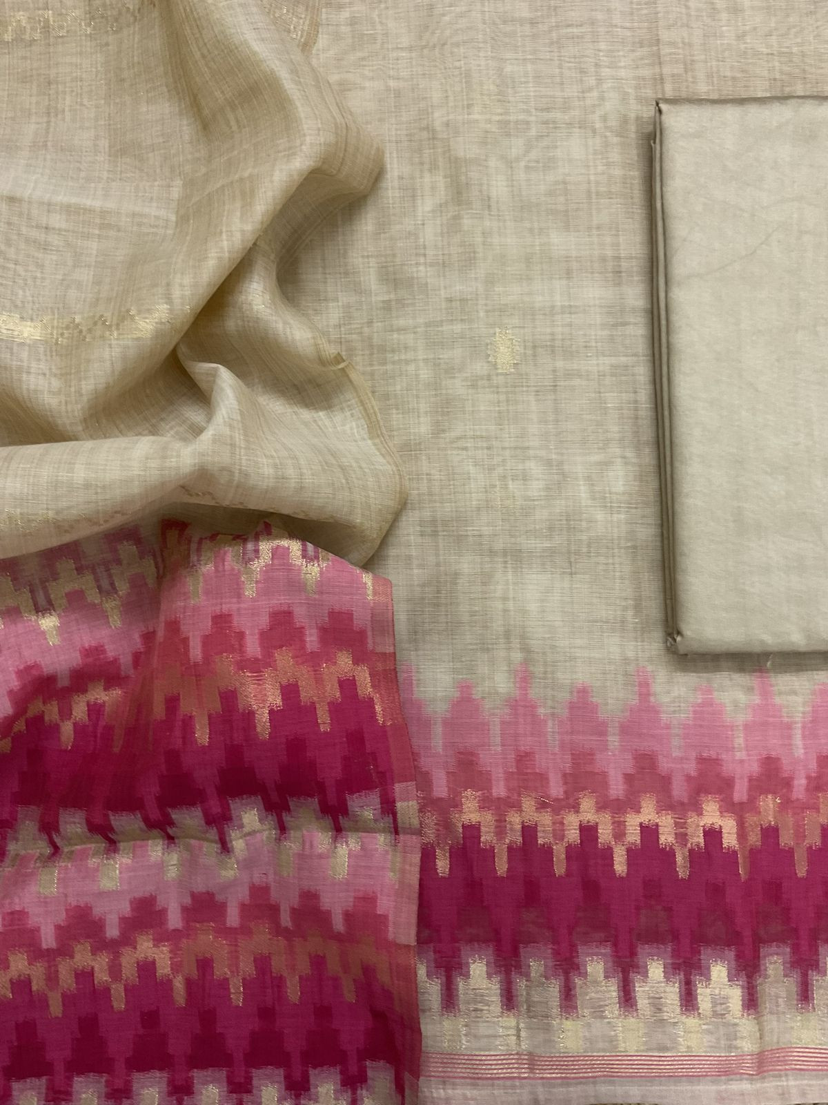 Soft Slub Chanderi Jamdani Weaved Suit - Beige