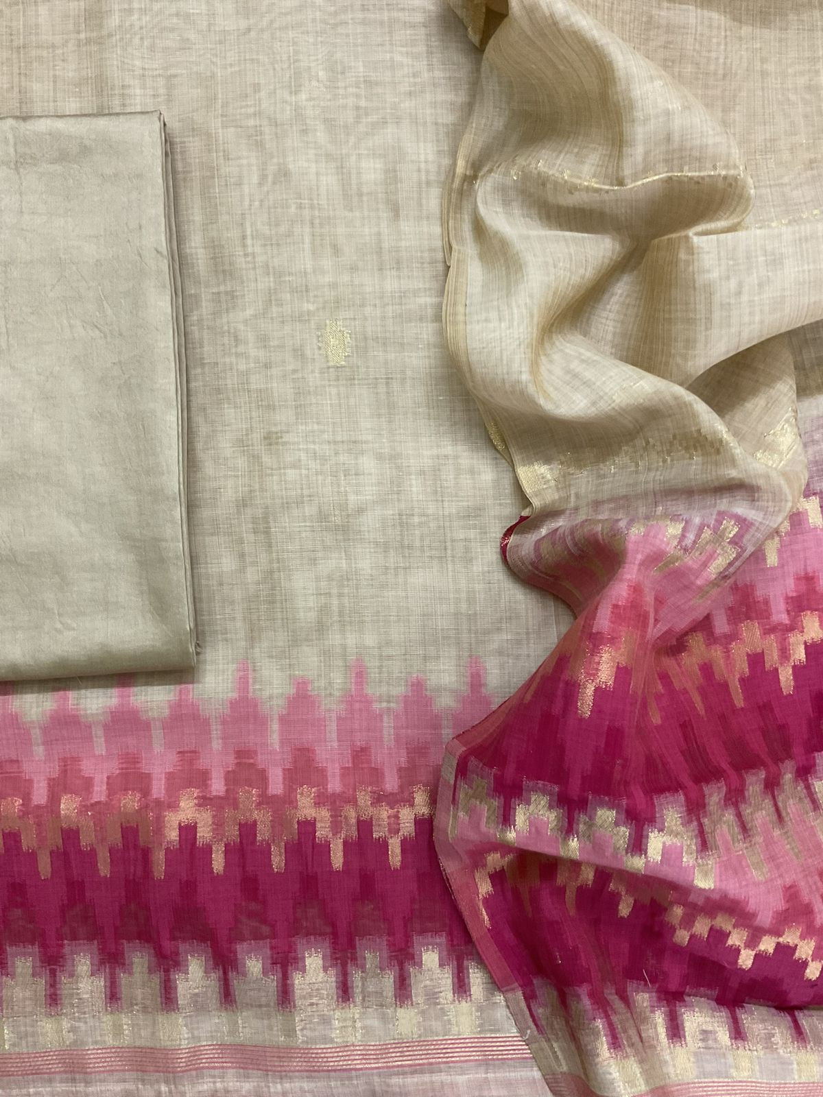 Soft Slub Chanderi Jamdani Weaved Suit - Beige