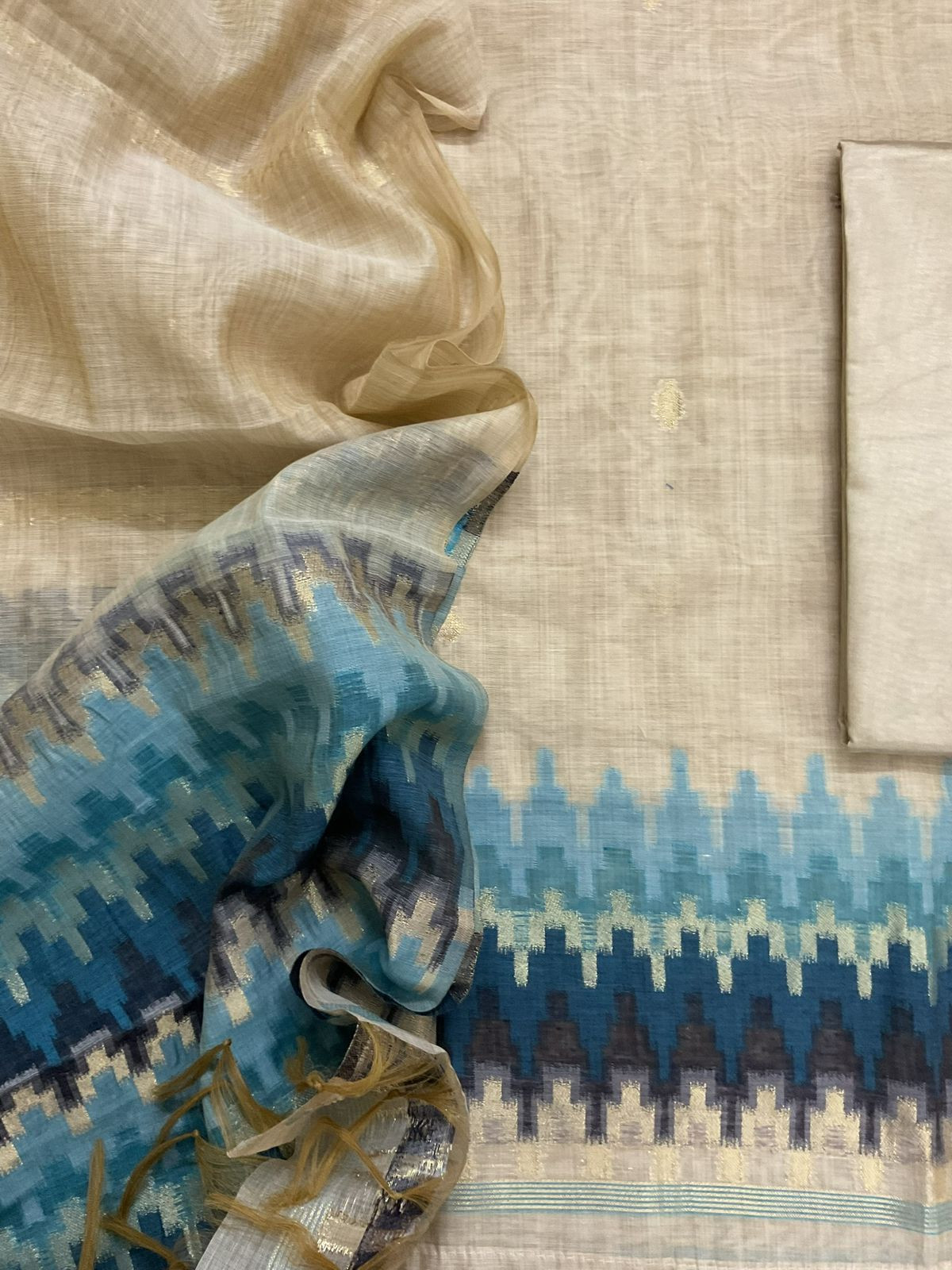 Soft Slub Chanderi Jamdani Weaved Suit - Beige