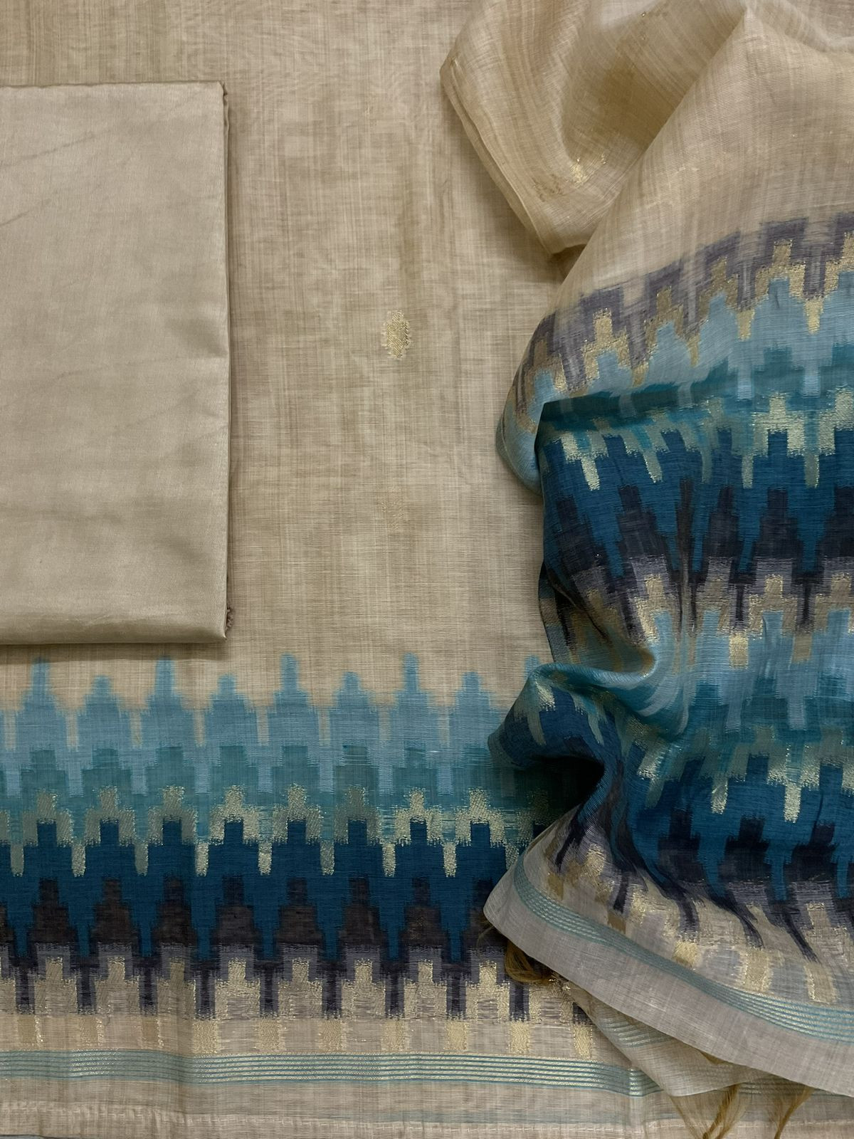 Soft Slub Chanderi Jamdani Weaved Suit - Beige