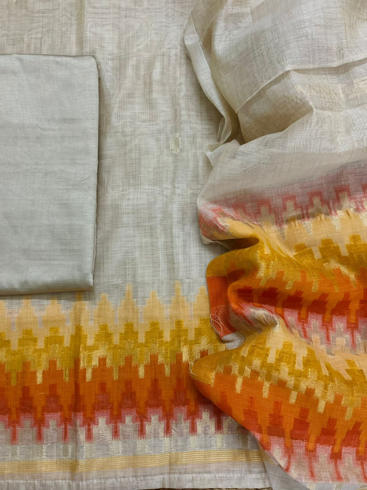 Soft Slub Chanderi Jamdani Weaved Suit - Beige