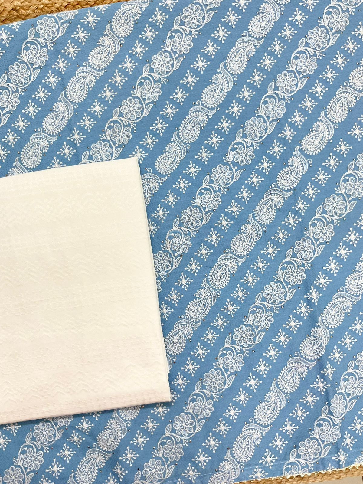 Pure Cotton Silk Self Weaved Embroidered Suit - Blue