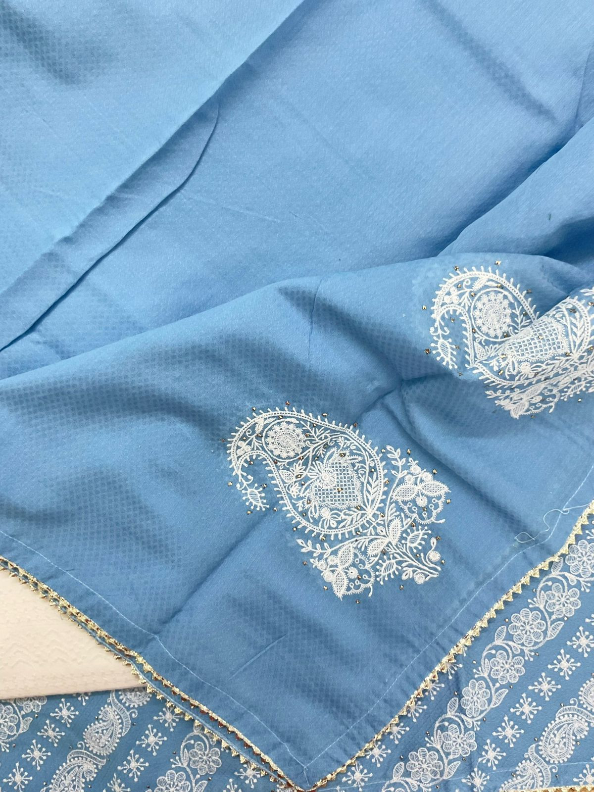 Pure Cotton Silk Self Weaved Embroidered Suit - Blue