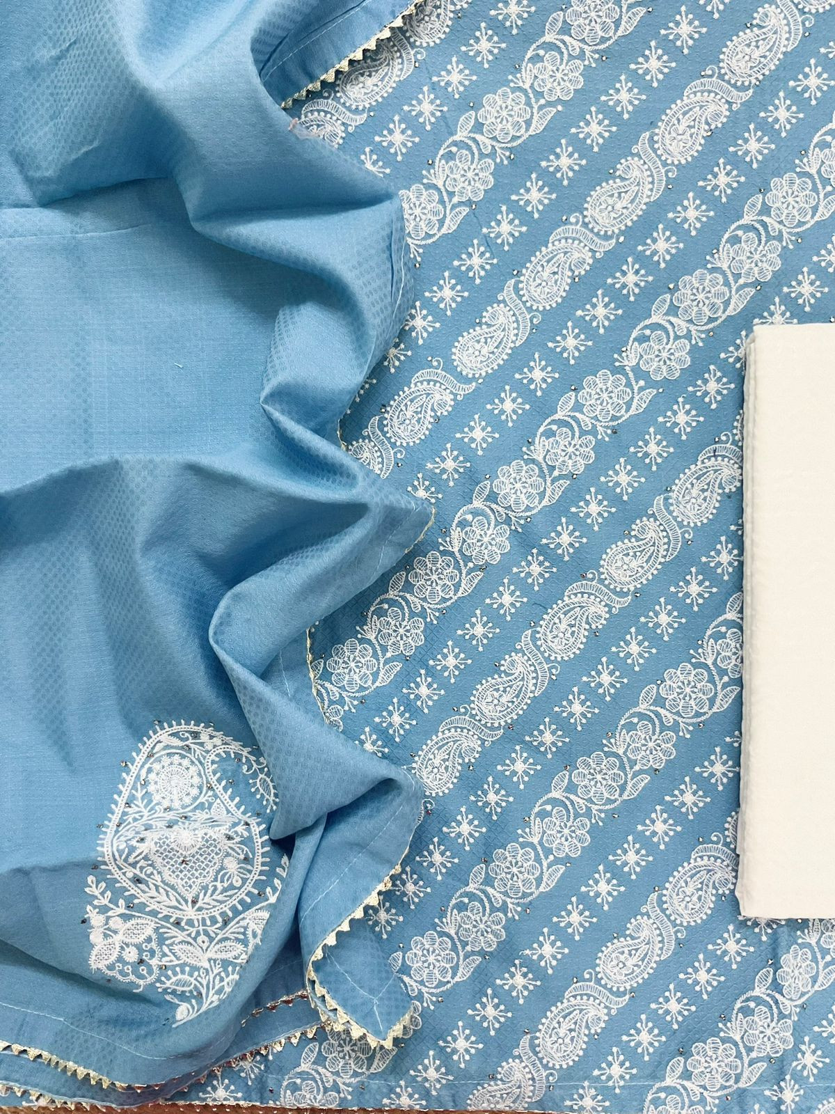 Pure Cotton Silk Self Weaved Embroidered Suit - Blue