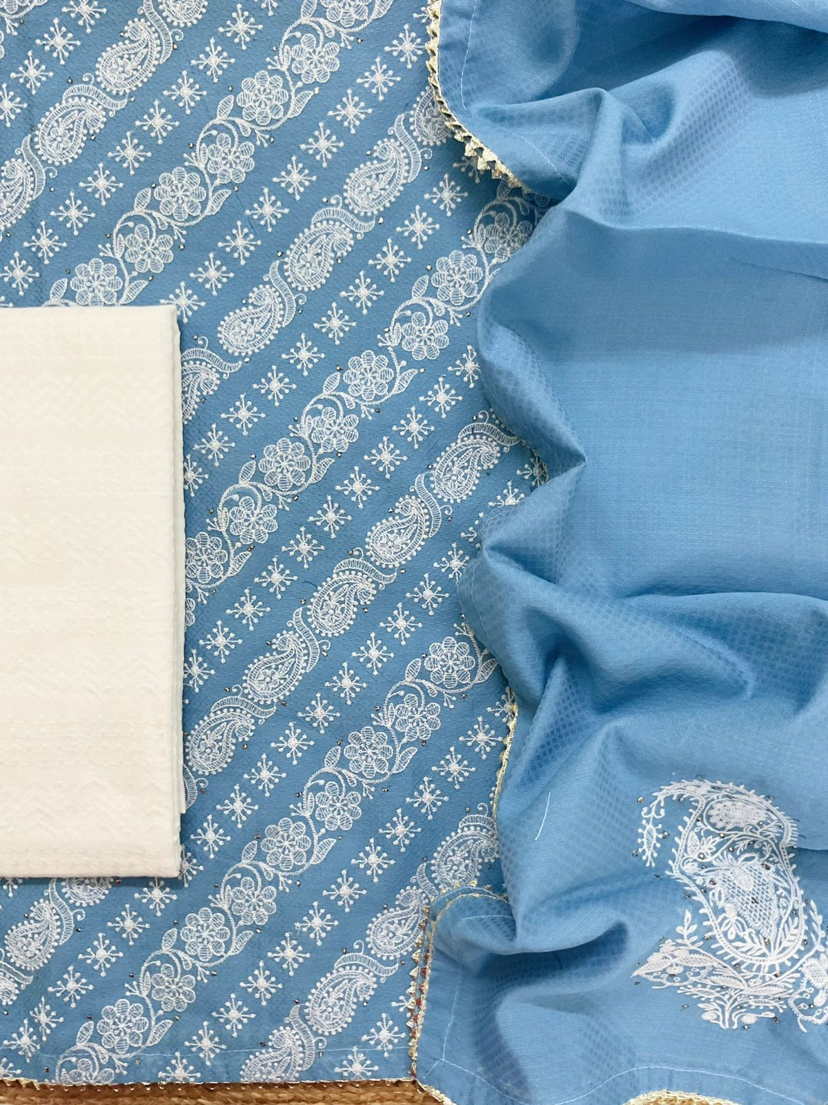 Pure Cotton Silk Self Weaved Embroidered Suit - Blue