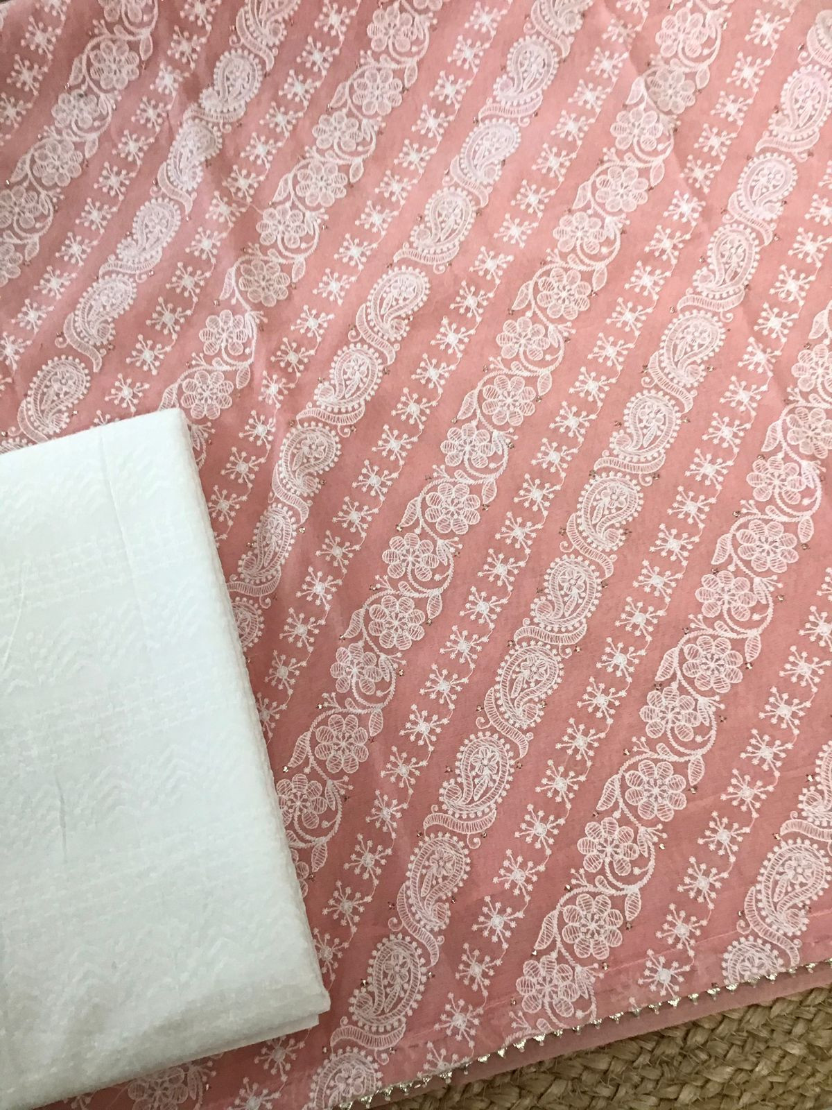 Pure Cotton Silk Self Weaved Embroidered Suit - Peach