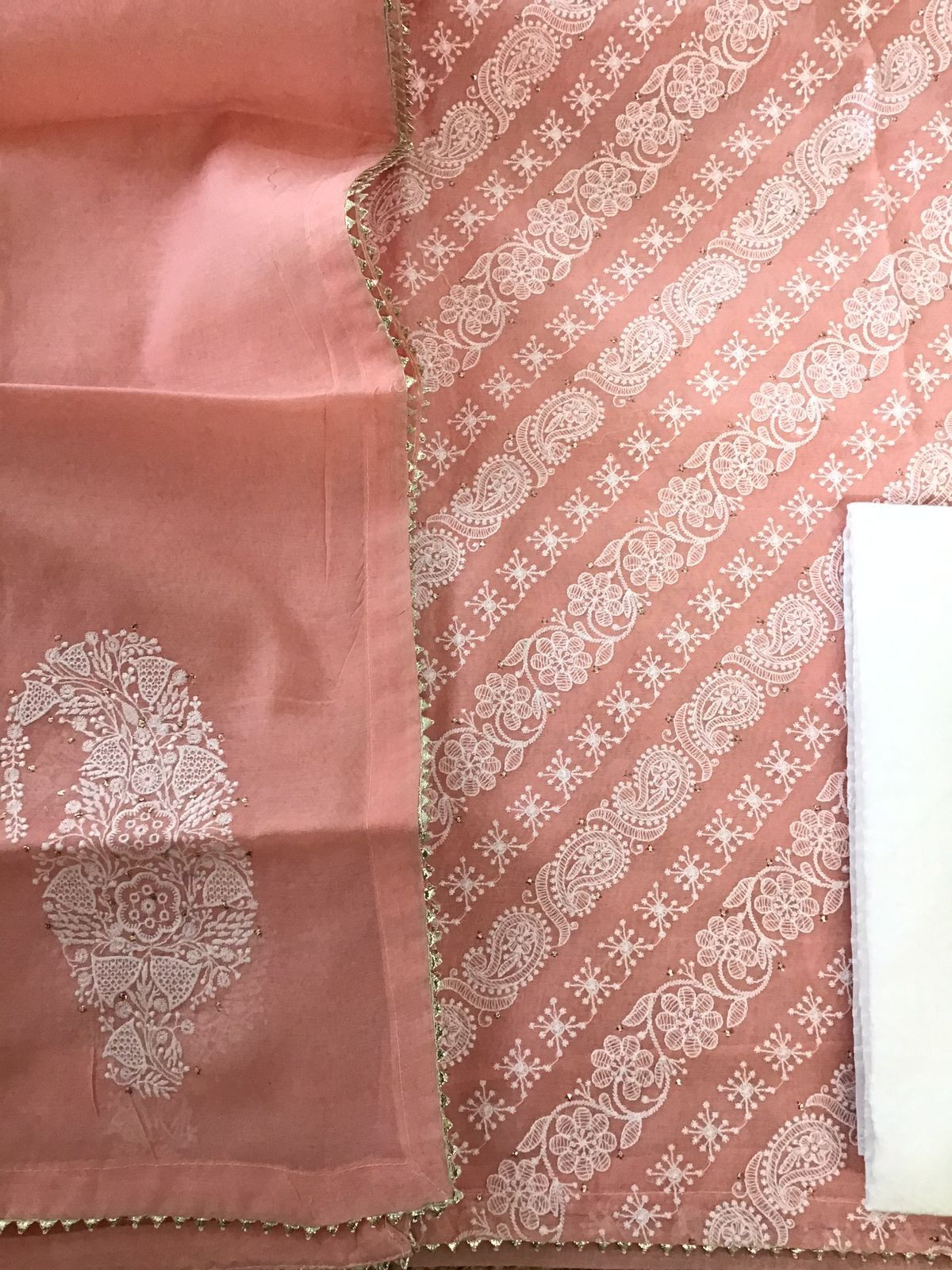 Pure Cotton Silk Self Weaved Embroidered Suit - Peach