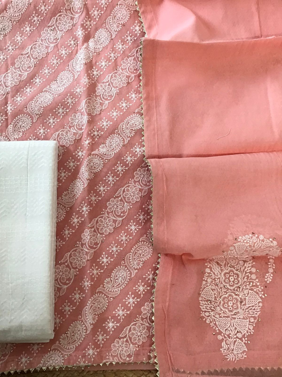 Pure Cotton Silk Self Weaved Embroidered Suit - Peach