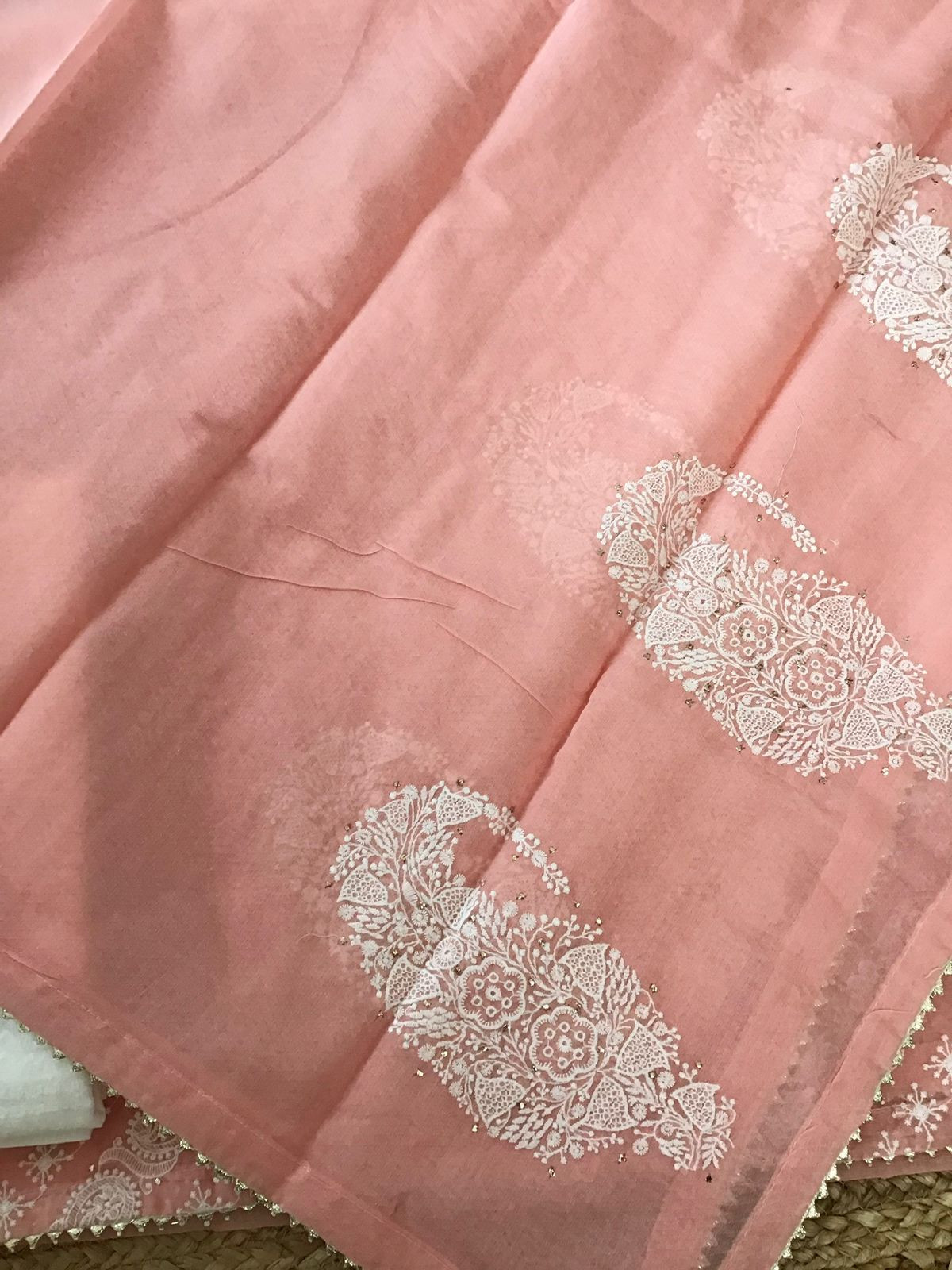 Pure Cotton Silk Self Weaved Embroidered Suit - Peach