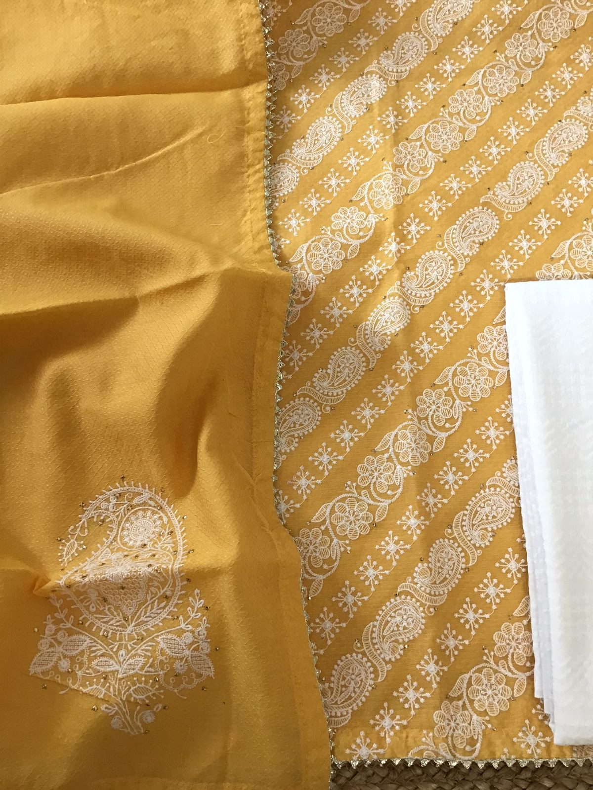 Pure Cotton Silk Self Weaved Embroidered Suit - Yellow