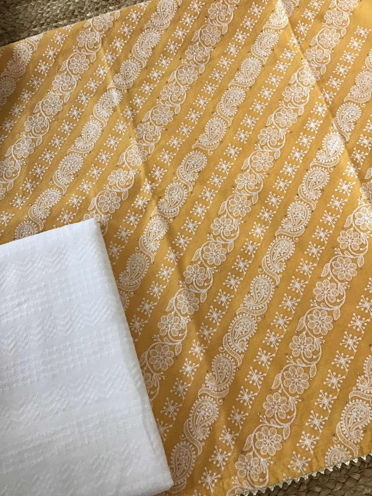 Pure Cotton Silk Self Weaved Embroidered Suit - Yellow