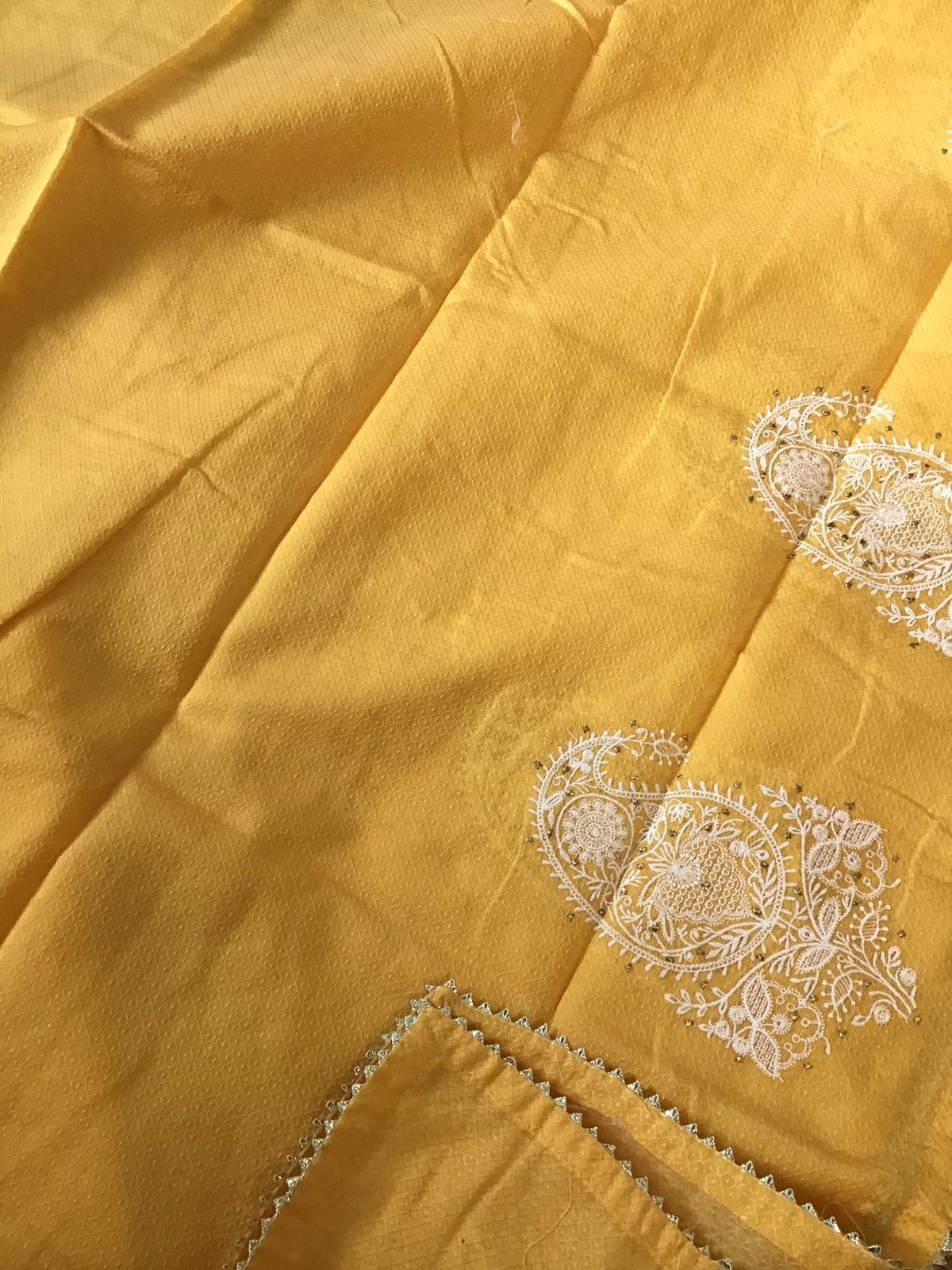 Pure Cotton Silk Self Weaved Embroidered Suit - Yellow