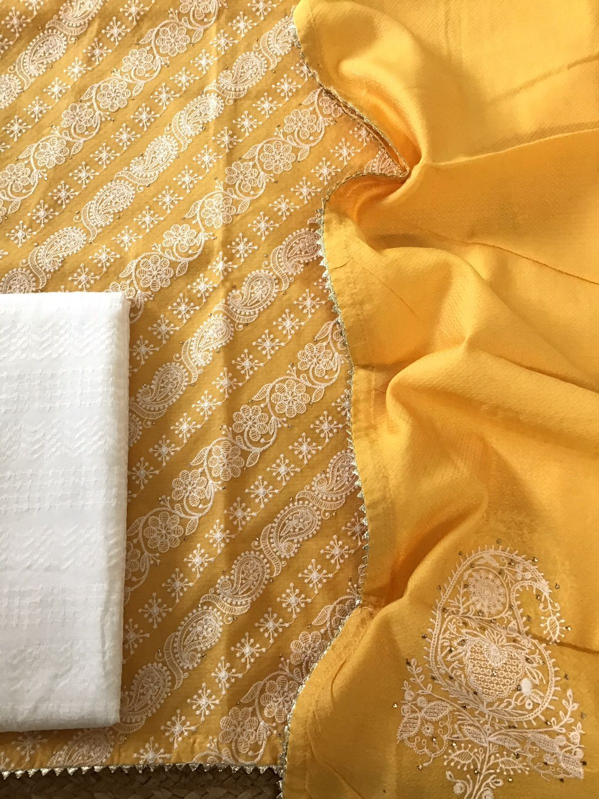 Pure Cotton Silk Self Weaved Embroidered Suit - Yellow