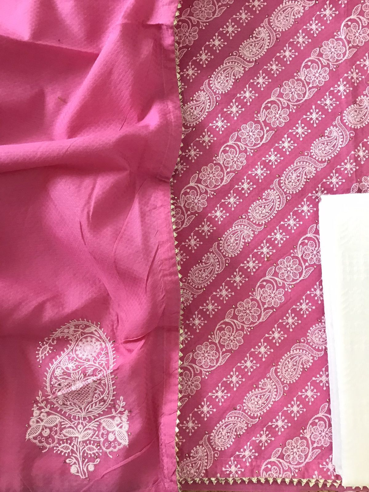 Pure Cotton Silk Self Weaved Embroidered Suit - Pink