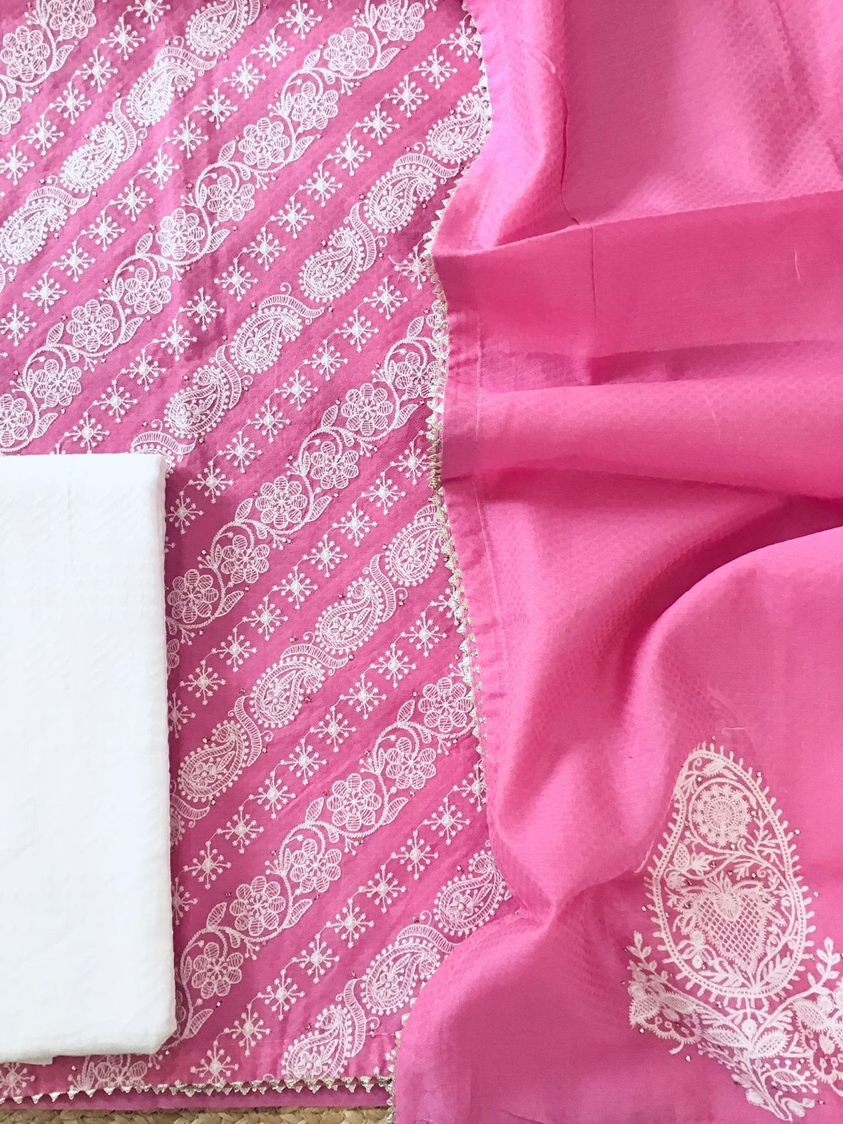 Pure Cotton Silk Self Weaved Embroidered Suit - Pink