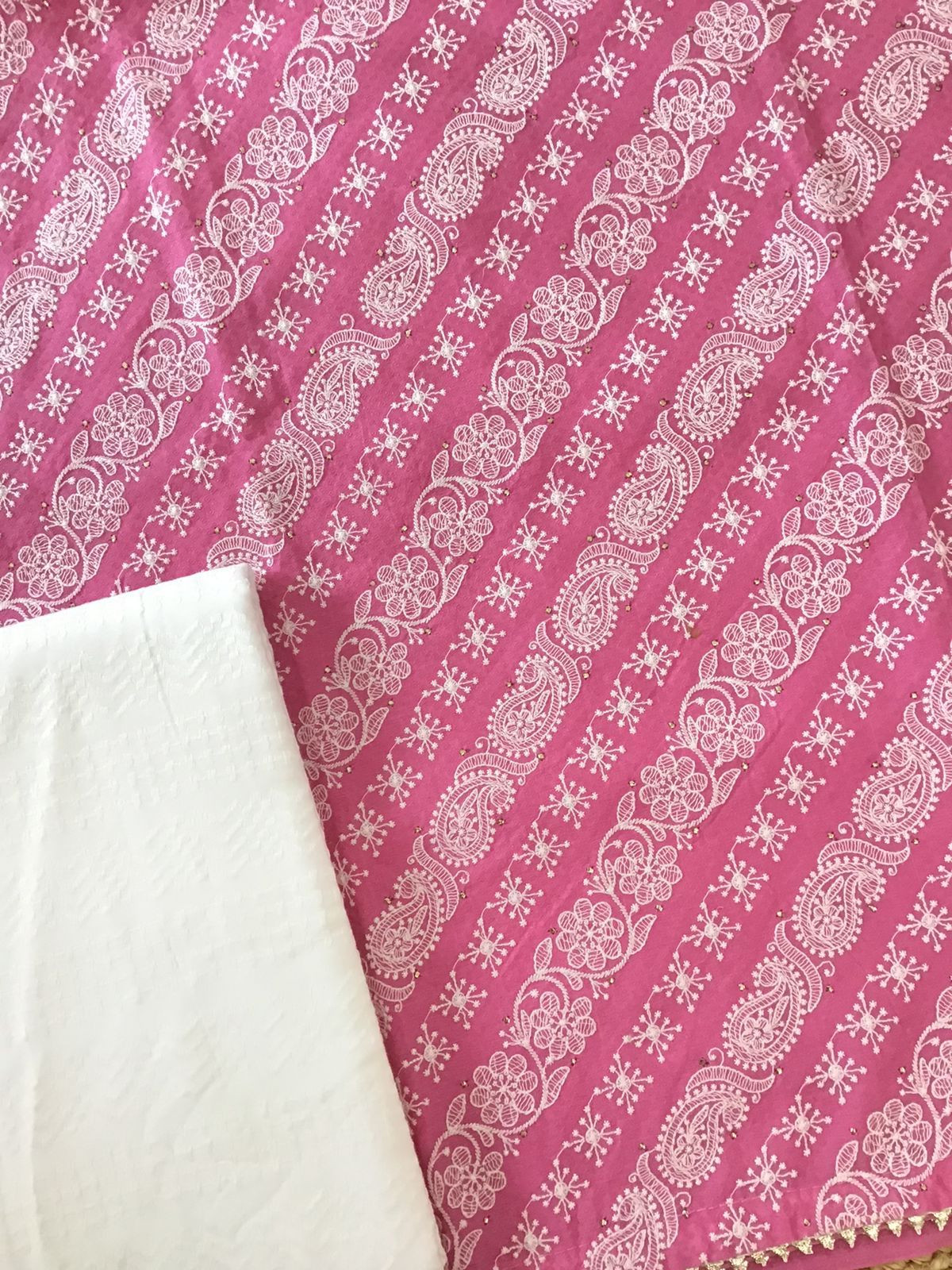 Pure Cotton Silk Self Weaved Embroidered Suit - Pink