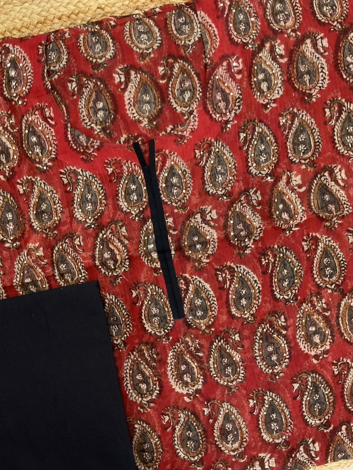 Pure Kota Cotton Block Printed Embroidered Suit - Red