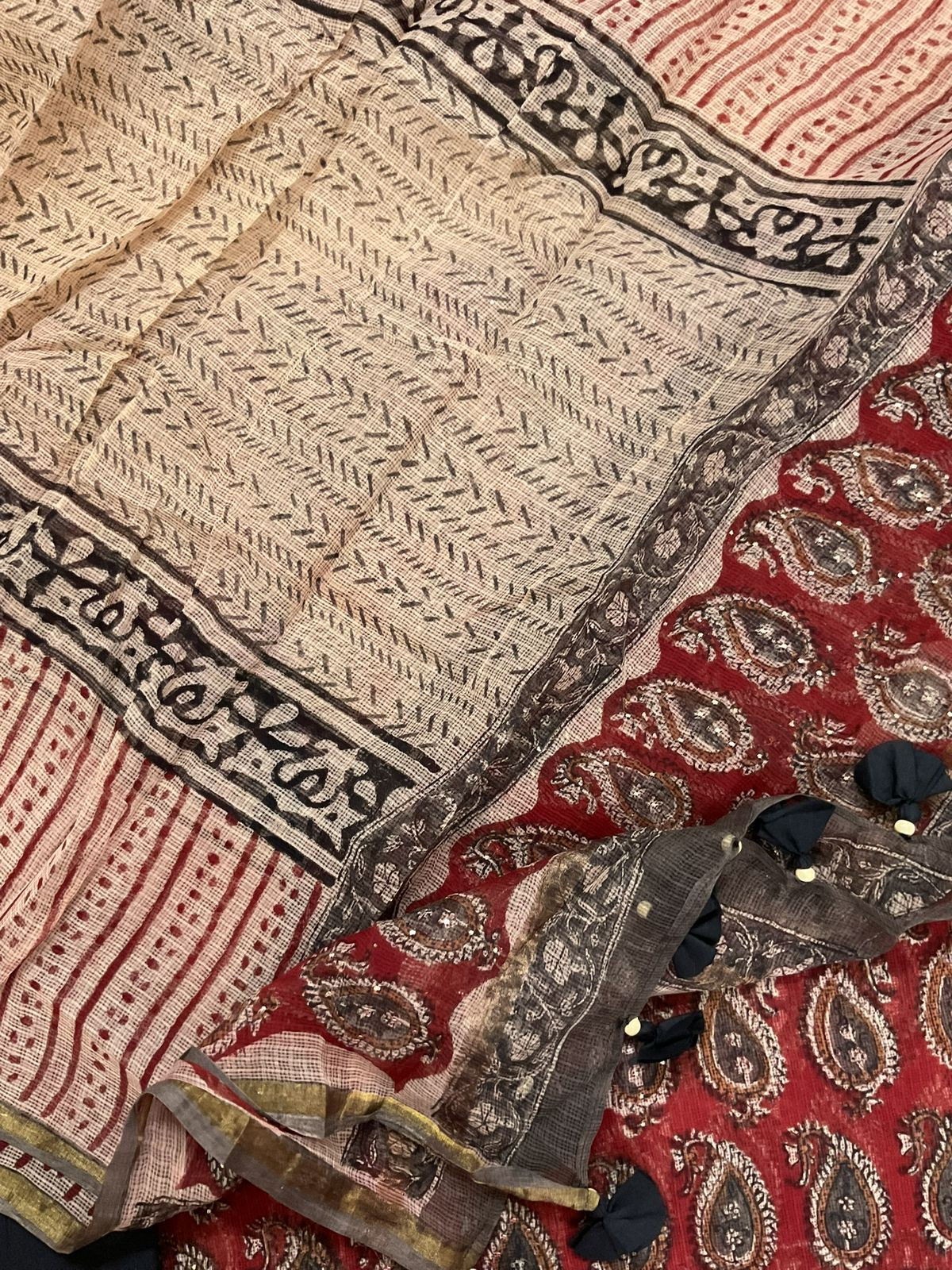 Pure Kota Cotton Block Printed Embroidered Suit - Red