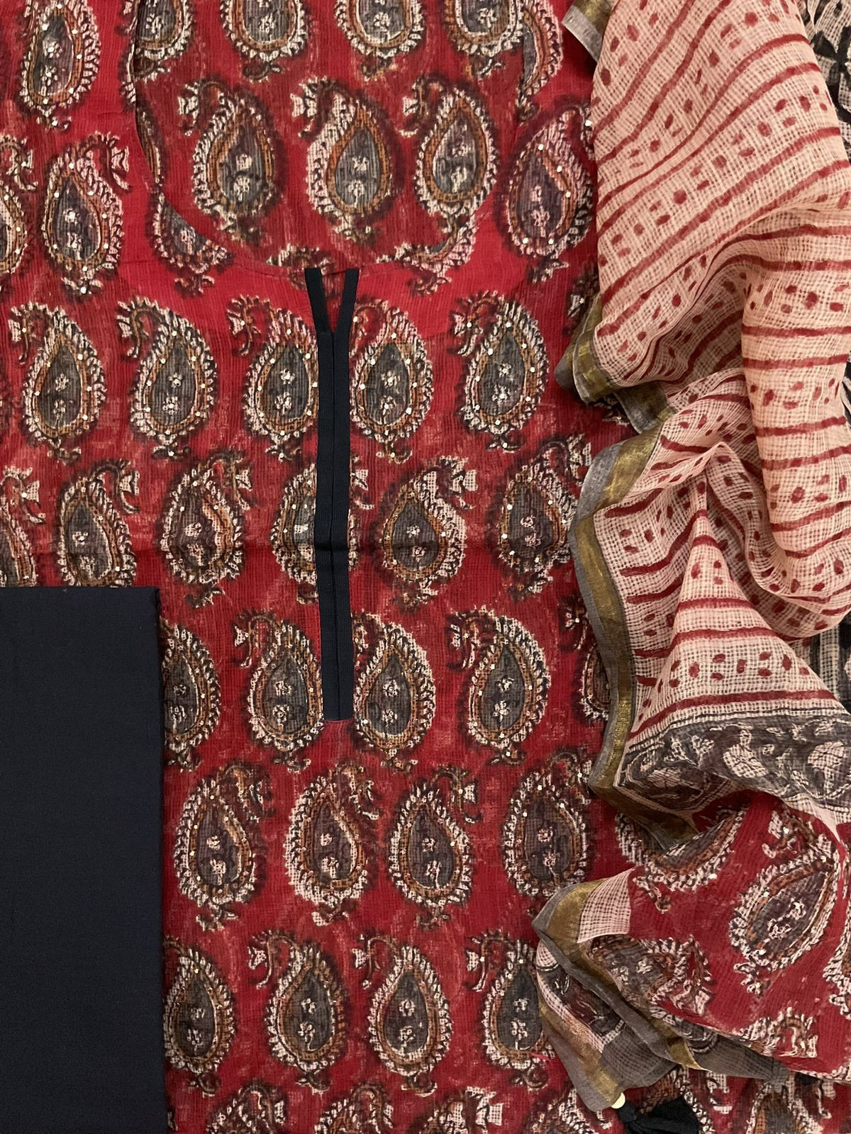 Pure Kota Cotton Block Printed Embroidered Suit - Red