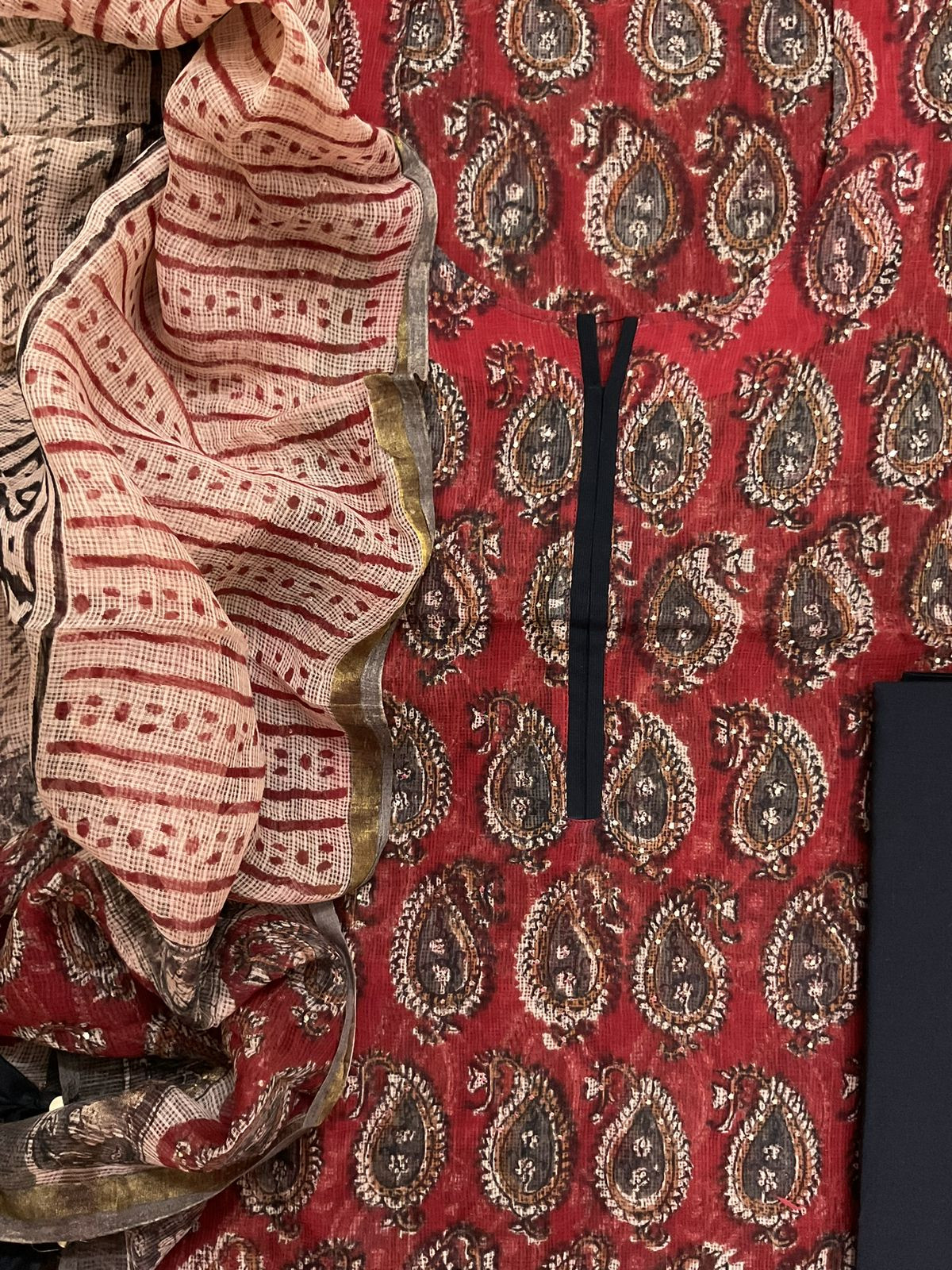 Pure Kota Cotton Block Printed Embroidered Suit - Red