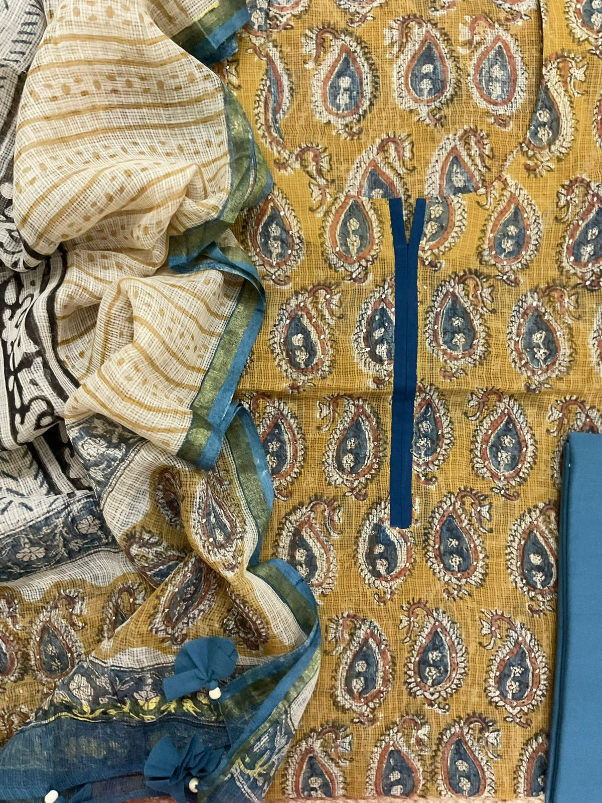 Pure Kota Cotton Block Printed Embroidered Suit - Yellow