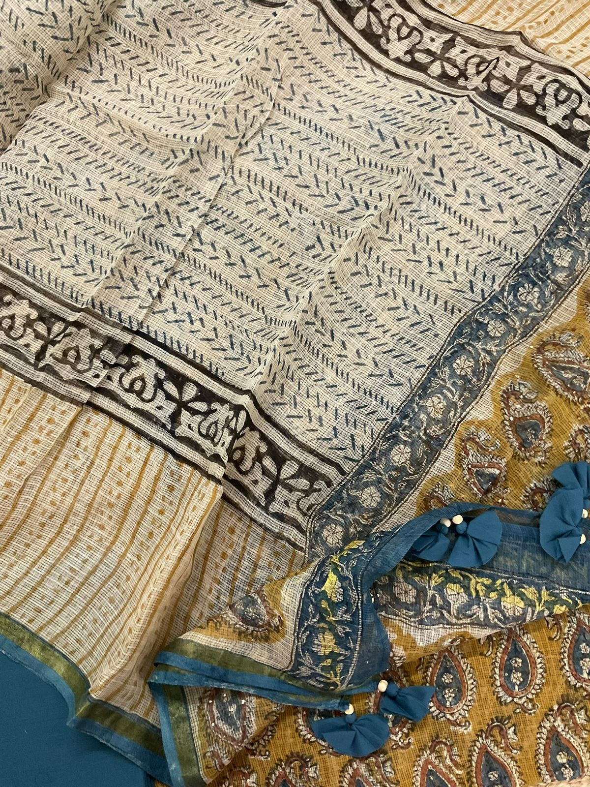 Pure Kota Cotton Block Printed Embroidered Suit - Yellow