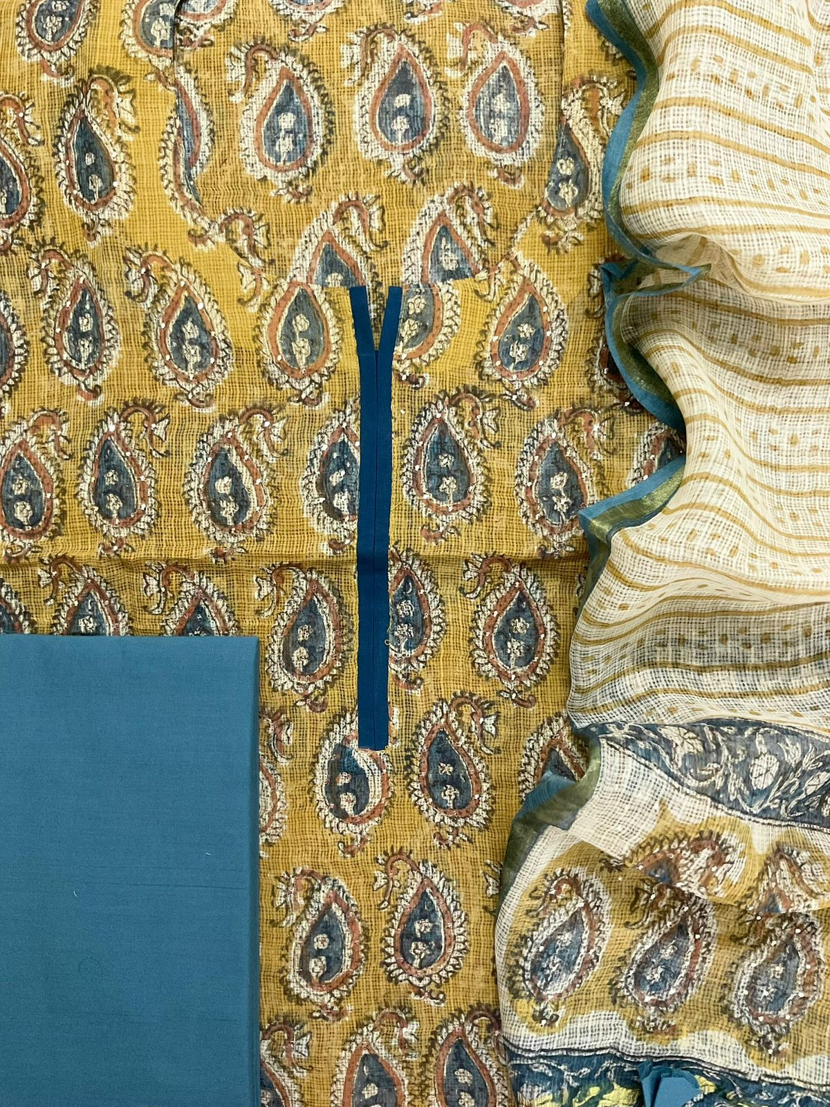 Pure Kota Cotton Block Printed Embroidered Suit - Yellow