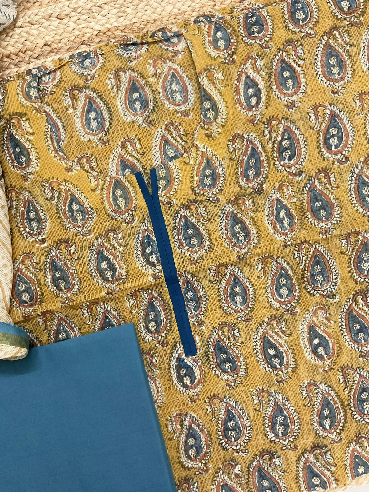 Pure Kota Cotton Block Printed Embroidered Suit - Yellow