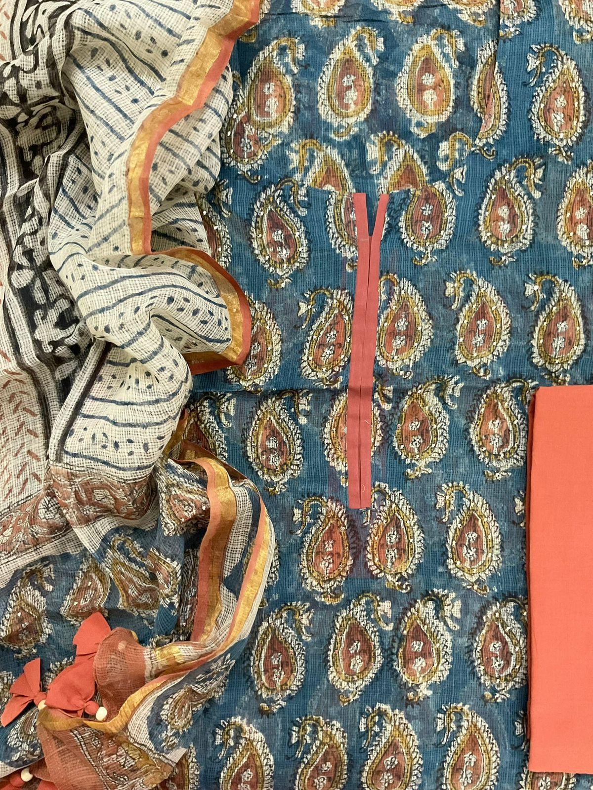 Pure Kota Cotton Block Printed Embroidered Suit - Blue