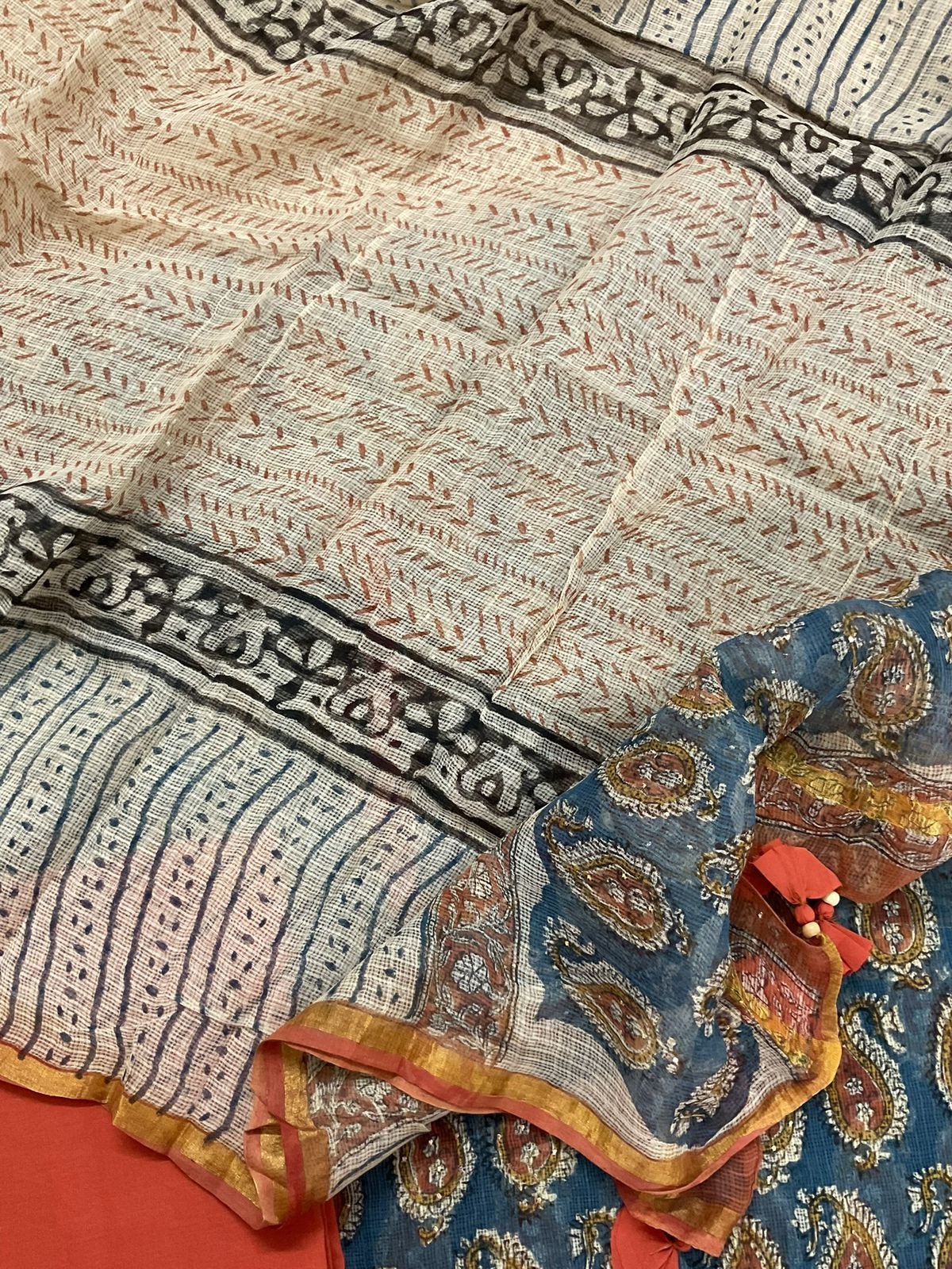 Pure Kota Cotton Block Printed Embroidered Suit - Blue