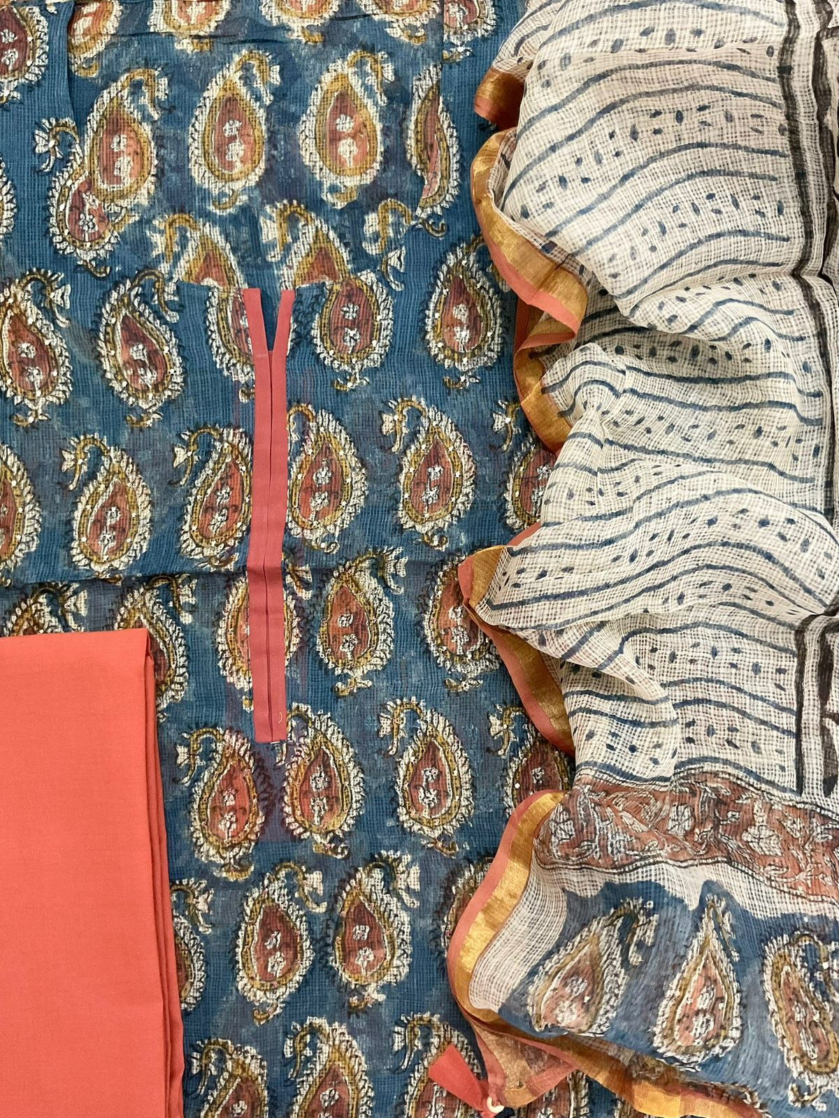 Pure Kota Cotton Block Printed Embroidered Suit - Blue