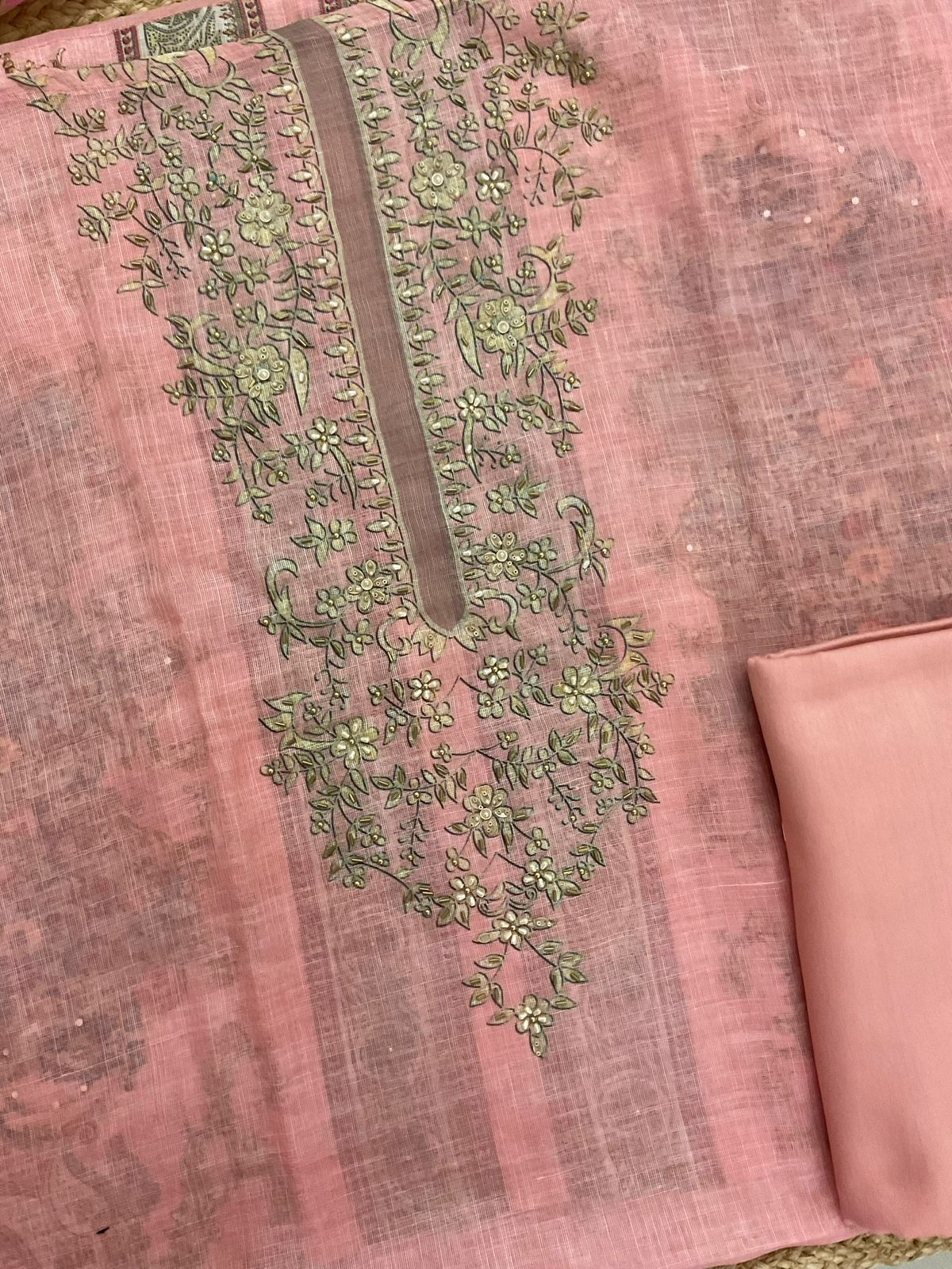 Soft Linen Jute Cotton Printed Embroidered Suit - Pink