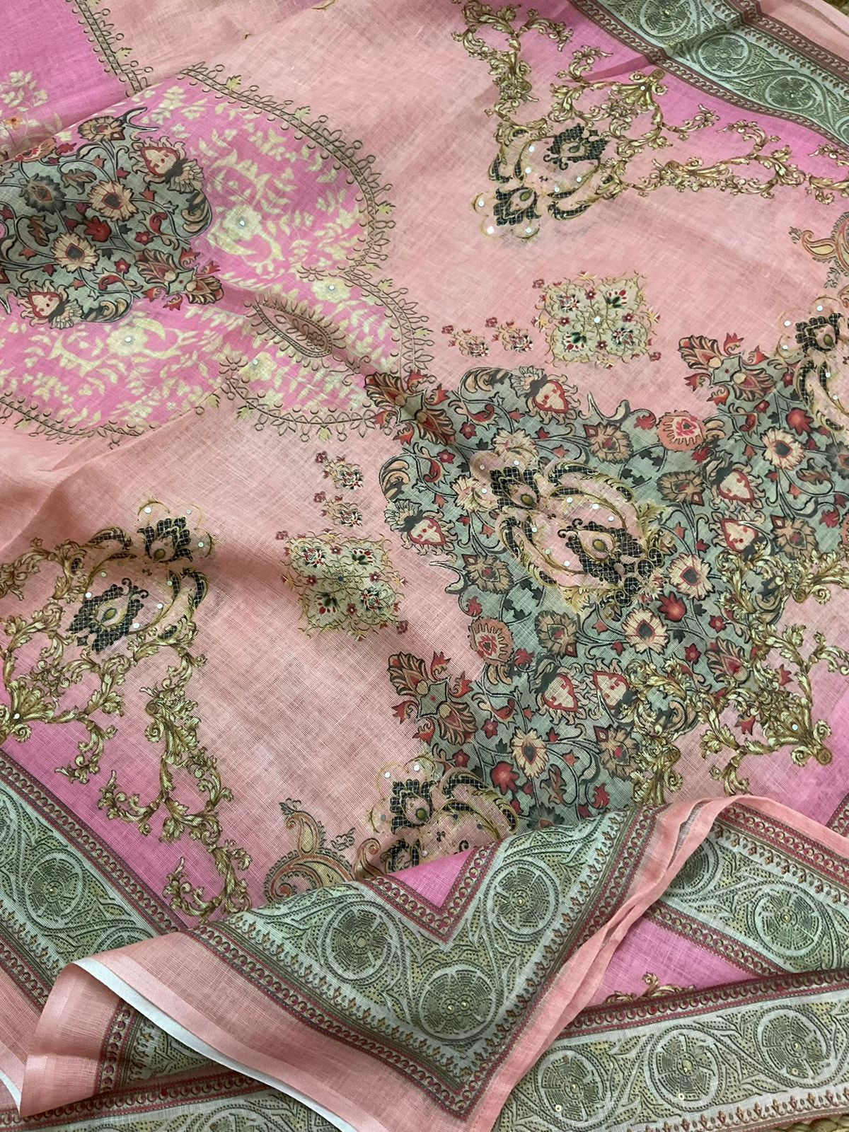 Soft Linen Jute Cotton Printed Embroidered Suit - Pink