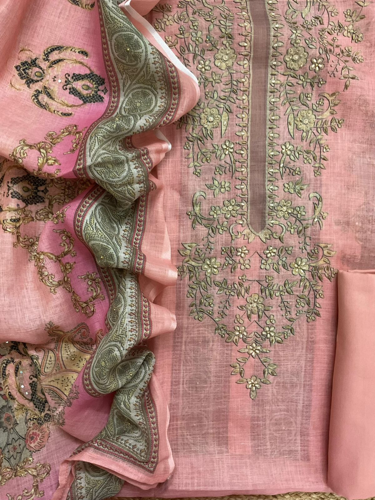 Soft Linen Jute Cotton Printed Embroidered Suit - Pink