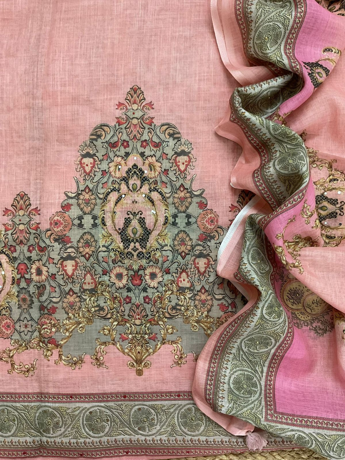 Soft Linen Jute Cotton Printed Embroidered Suit - Pink