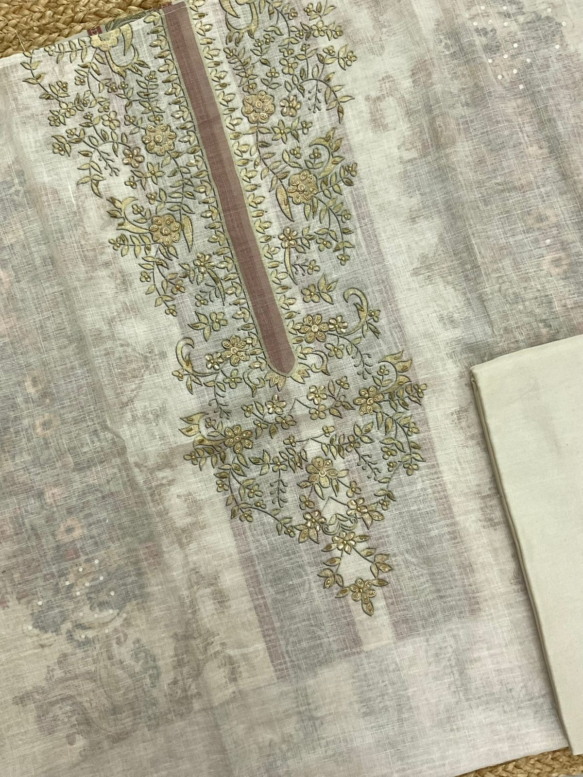 Soft Linen Jute Cotton Printed Embroidered Suit - Cream