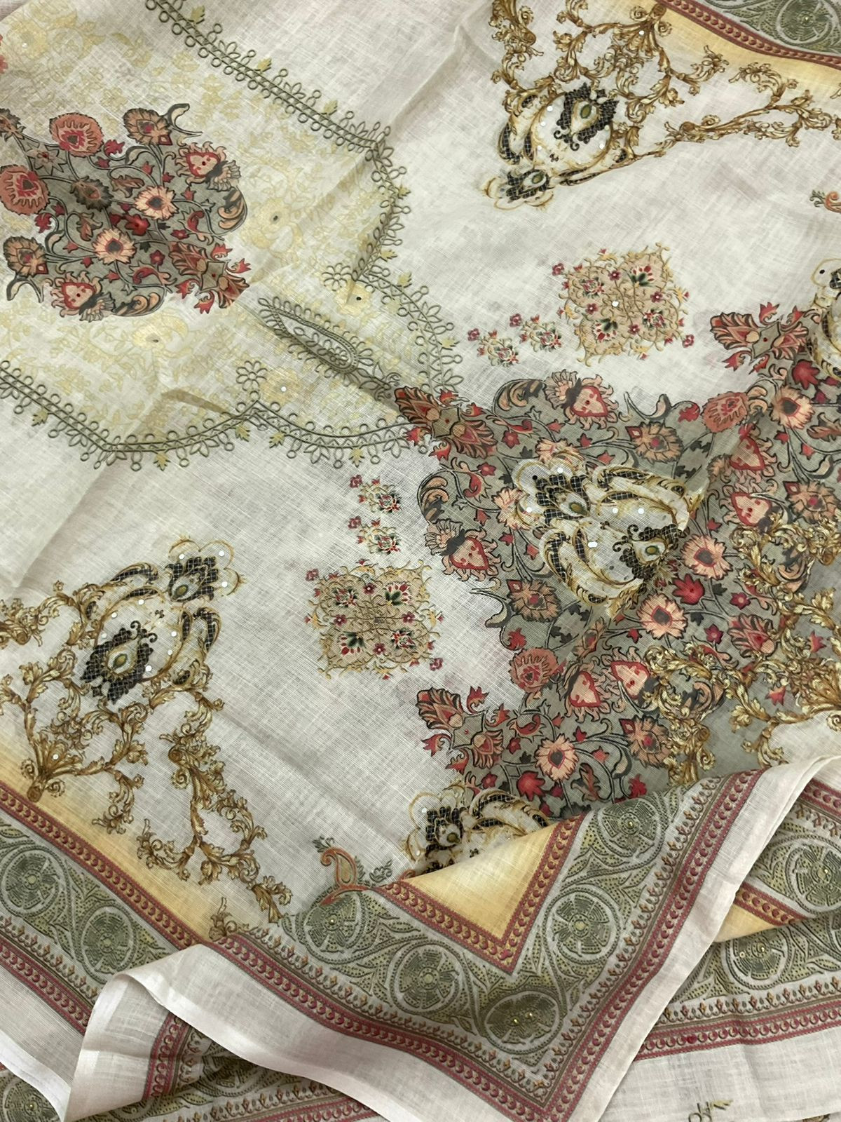 Soft Linen Jute Cotton Printed Embroidered Suit - Cream