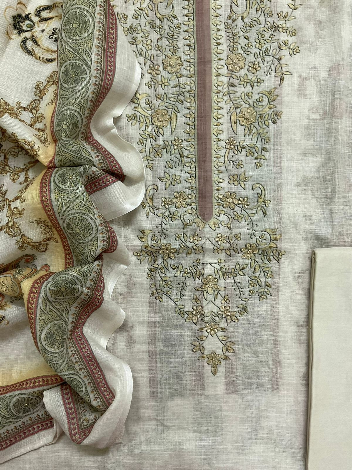 Soft Linen Jute Cotton Printed Embroidered Suit - Cream