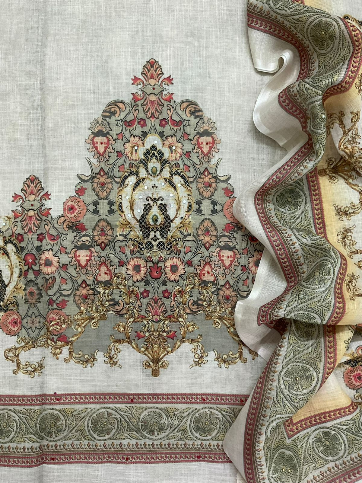 Soft Linen Jute Cotton Printed Embroidered Suit - Cream